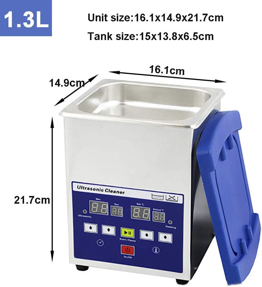 Diagram showing the dimensions of the 1.3L ultrasonic cleaner unit and its tank