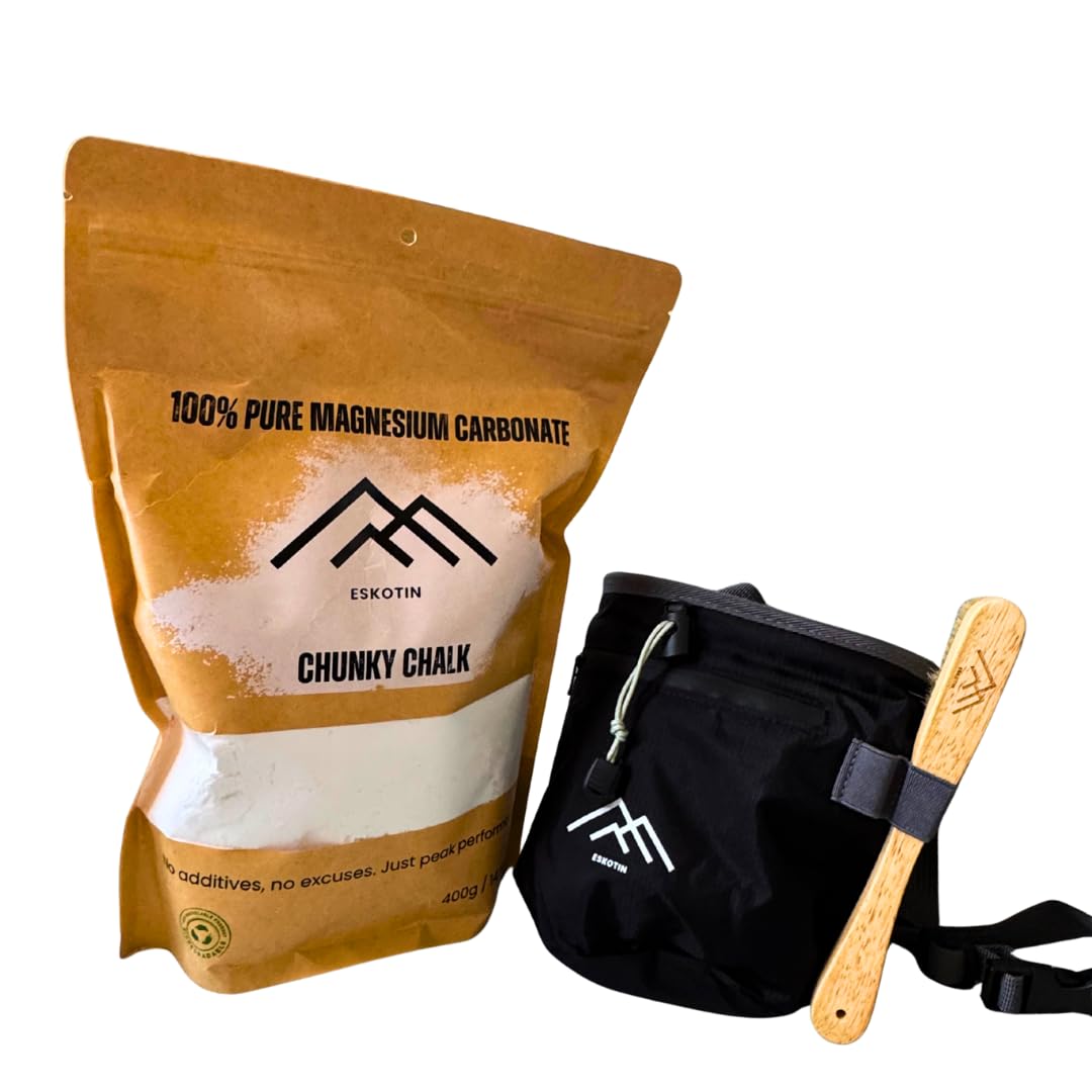 Kit Completo de Escalada Magnesio Chunky 400g + Chalk Bag + Cepillo – Regalo Escalada, Boulder, Halterofilia y Calistenia - Pack Escalada