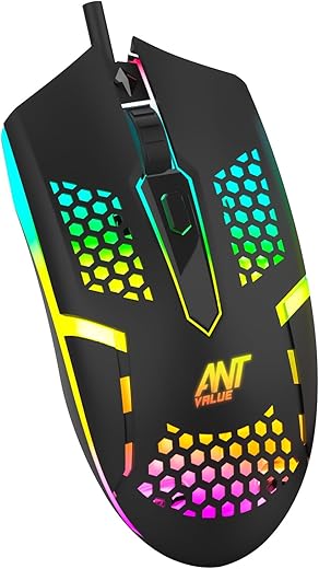 Ant Value GM1103 Gaming Mouse, USB Optical Computer Mice with RGB Backlit, 4 Adjustable DPI Up to 3600, Ergonomic Gamer Laptop PC Mouse for Windows…