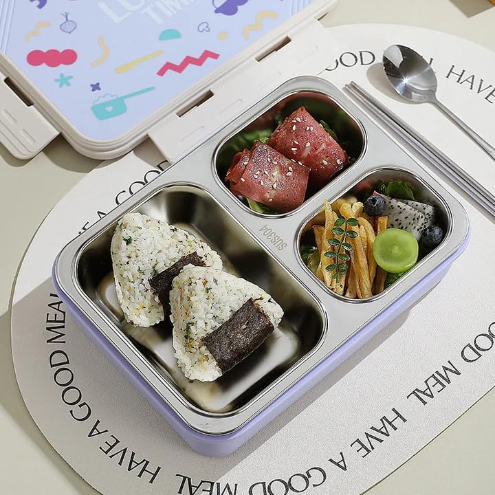 Image of Stainless Steel Lunch Box | 3-Compartment Bento Box, Leak-Proof, BPA-Free, Eco-Friendly Meal Prep Container for Adults, Kids, School, Work, & Travel | Durable & Portable Tiffin Box (Lavender)