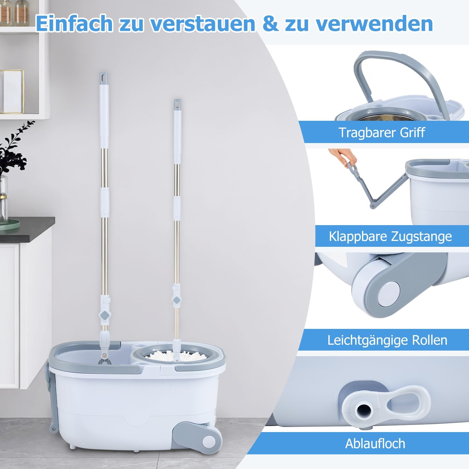 FANTASK Wischmopp und Eimer, Mopp und Eimersystem mit Auswringfunktion, Abwassertrennung, 360° rechteckigen und runden Wischköpfe, komplettes Wischset für Nass- und Trockenreinigung (Blau)