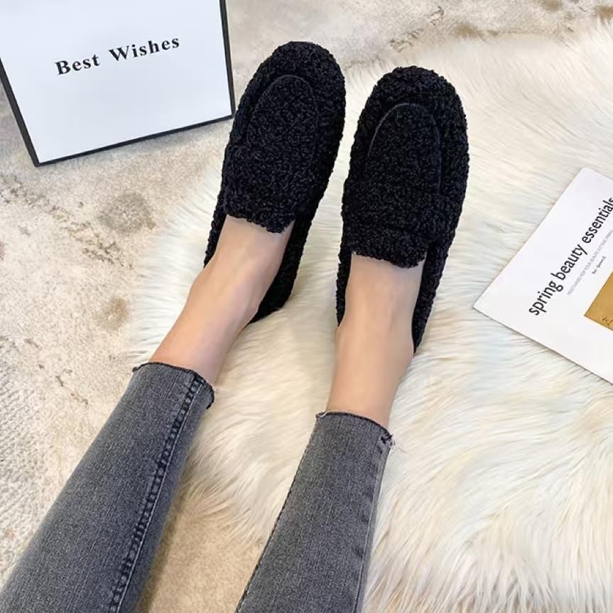 YTINGNICE Women's Plush Slippers Loafer,Warm Faux Fur Round Toe Indoor Outdoor Slip On Loafers Shoes Walking Casual Shoes3