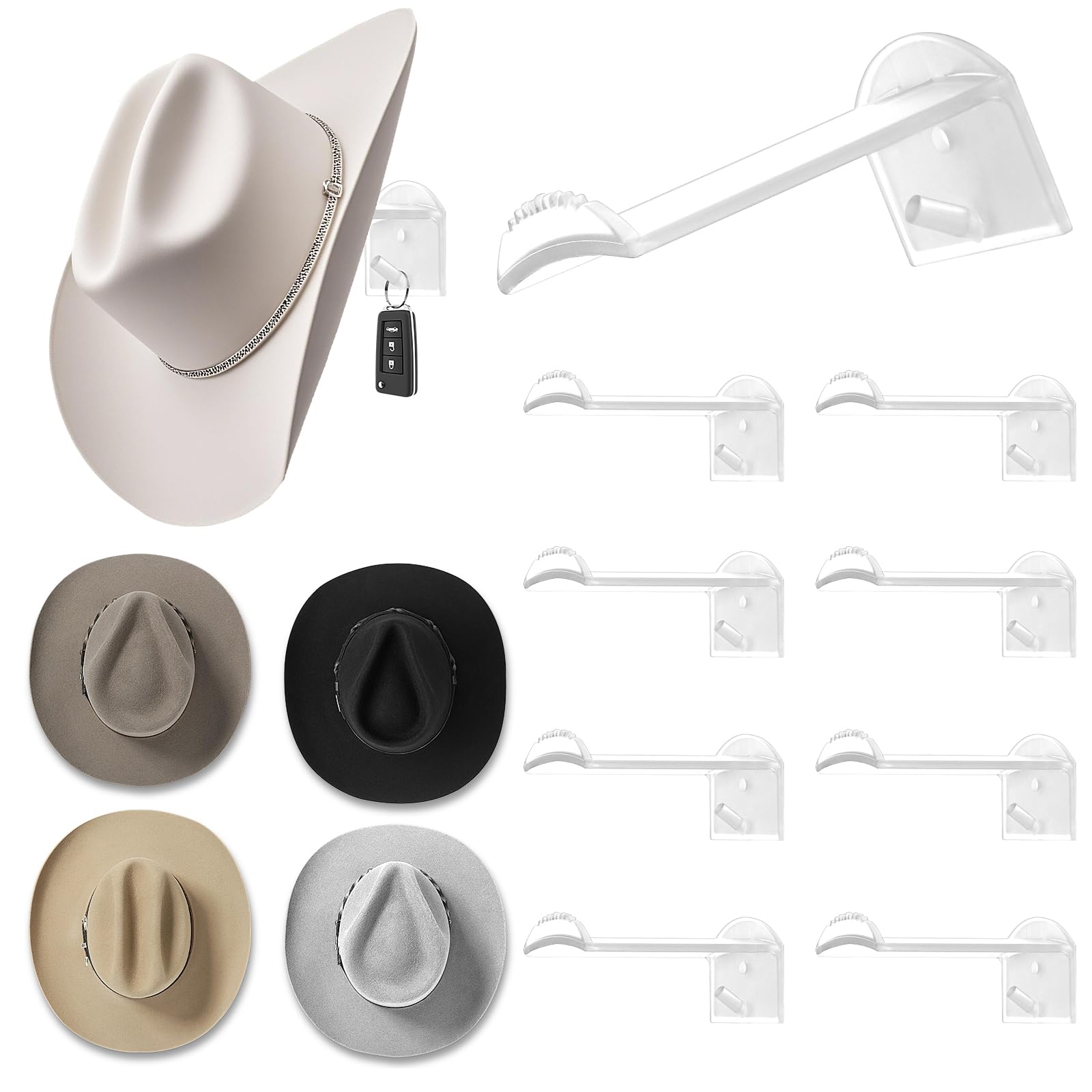 SelfTek 2.9 Inch Cowboy Hat Rack for Wall - 8 Pack Hat Hooks & Holder Hanger, Heavy Duty Adhesive Wall Mount, Western Room Decor for Baseball Cowboy,
