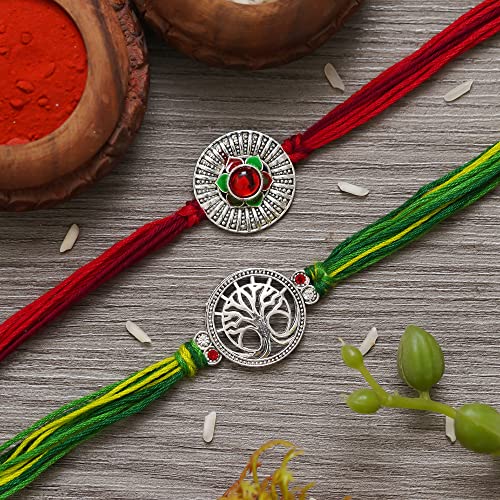 Image of eCraftIndia Unisex Adult Set Of 2 Peacock Feather Designer Rakhis For Brothers With Roli Chawal