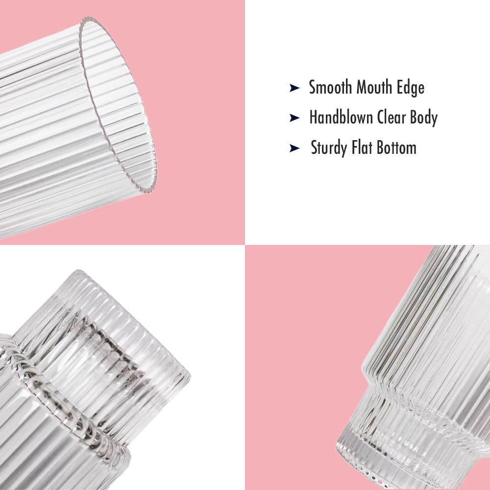 Greefun Ribbed Glassware Set of 4, 16oz Origami Style Drinking Glass Cup with Lid and Straw, Iced Coffee, Cocktail, Beer, Juice Stackable Drinking Glasses, Perfect for indoor and outdoor use