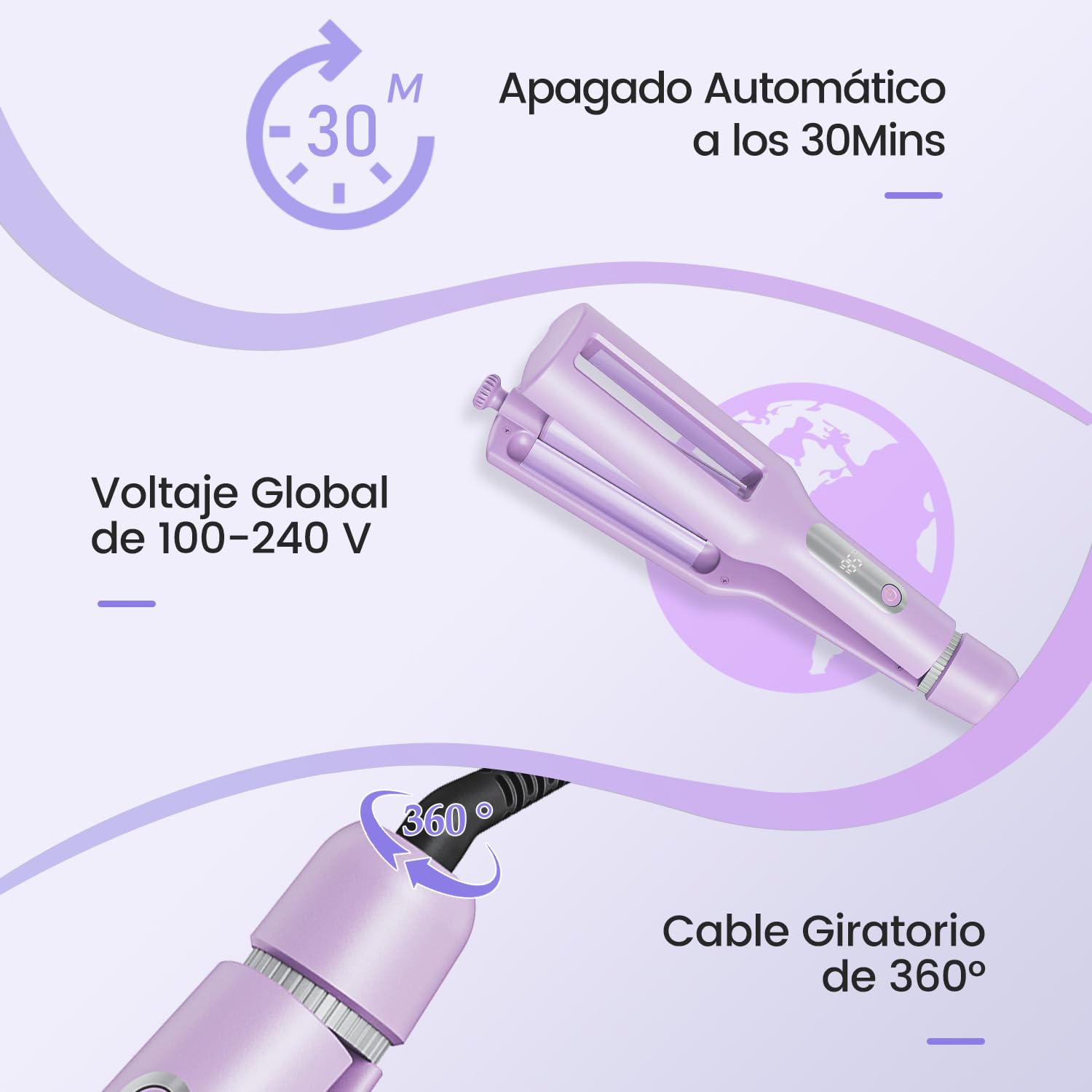 22/25/32/38mm Ajustable Rizador Pelo Ondas - 4-In-1 Plancha Ondas 3 Barriles Rizador de Pelo Iónico, Anti-escaldamiento, Pantalla Digital, Calentamiento Rápido, 4 Temperatura(140°C-210°C), Morado