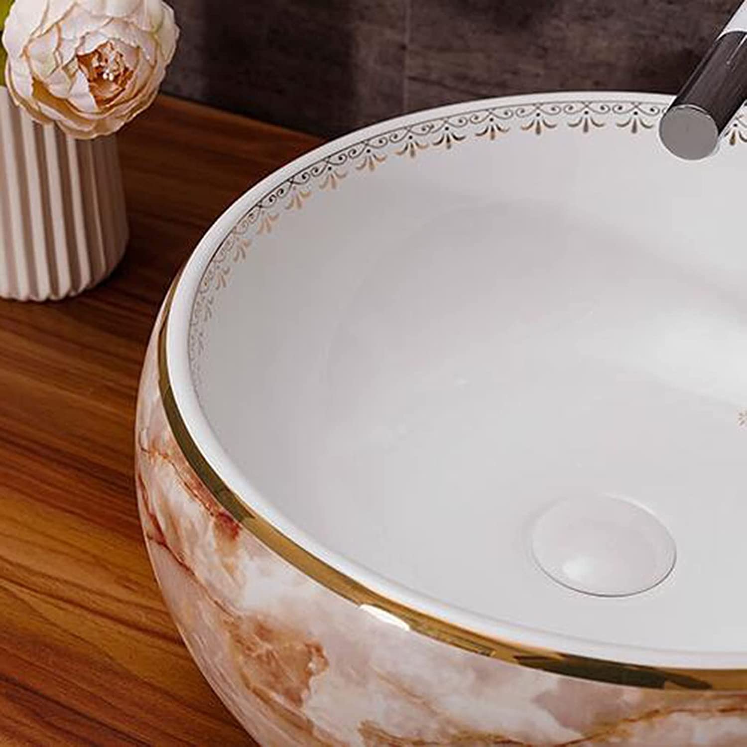 Ceramiczna Umywalka Łazienkowa, Okrągła Umywalka Łazienkowa, Umywalka Nablatowa, Umywalka Artystyczna, Umywalka Nablatowa, Wzór Marmuru, Ceramiczna Umywalka Nablatowa, 41X14 C,Singlevesselsink