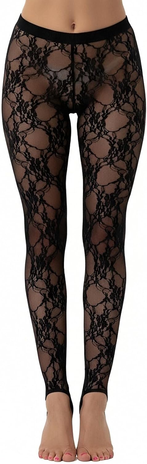 Women's Sexy Lace Stirrup Leggings Slim High Waist Tummy Hips Long Footed Pants See-Through Mesh Tight Trousers