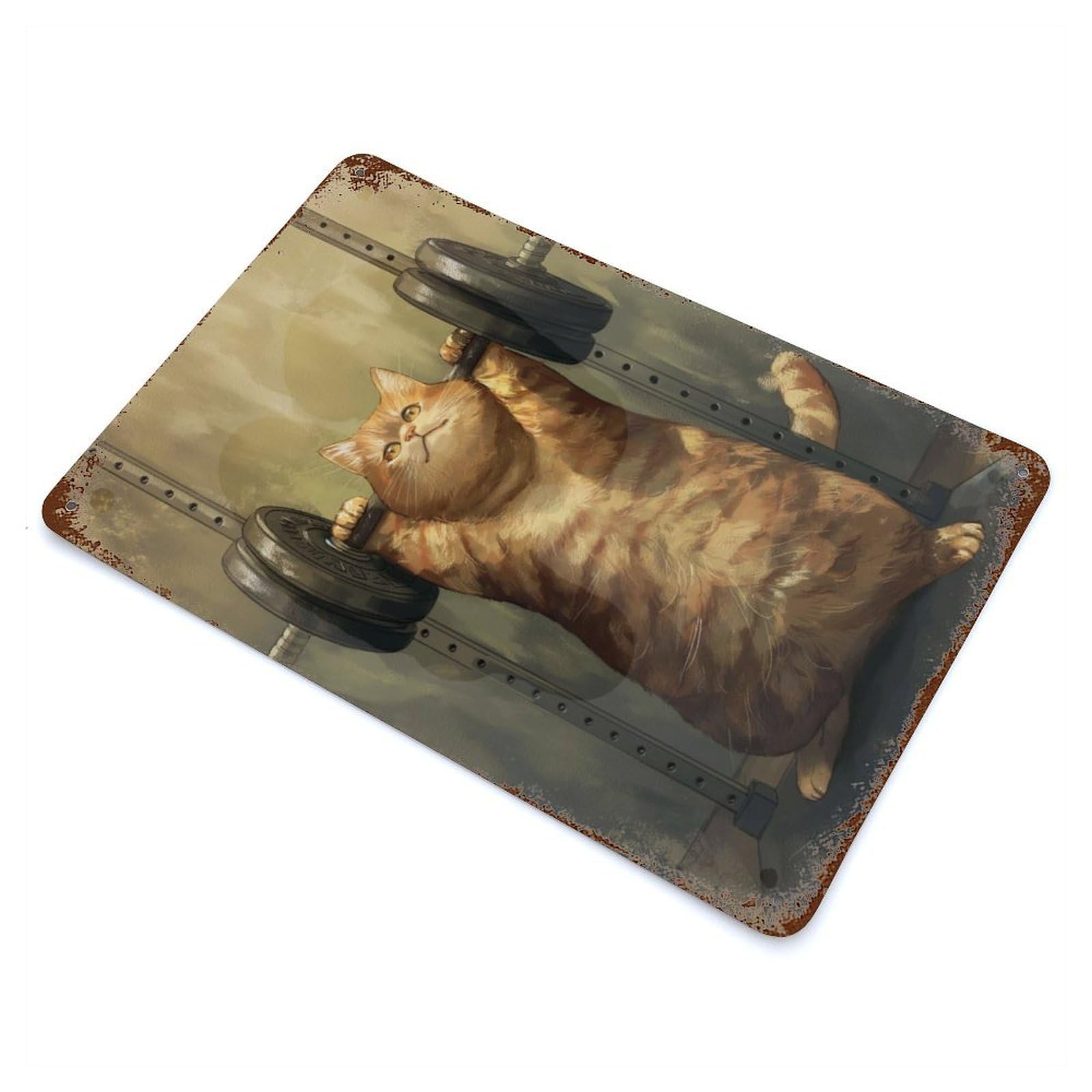 Orange Tabby Cat Lifting Vintage Wall Sign 11.8"x7.9", Rust Effect Metal Decor for Bistro, Counter And Cafe Decor