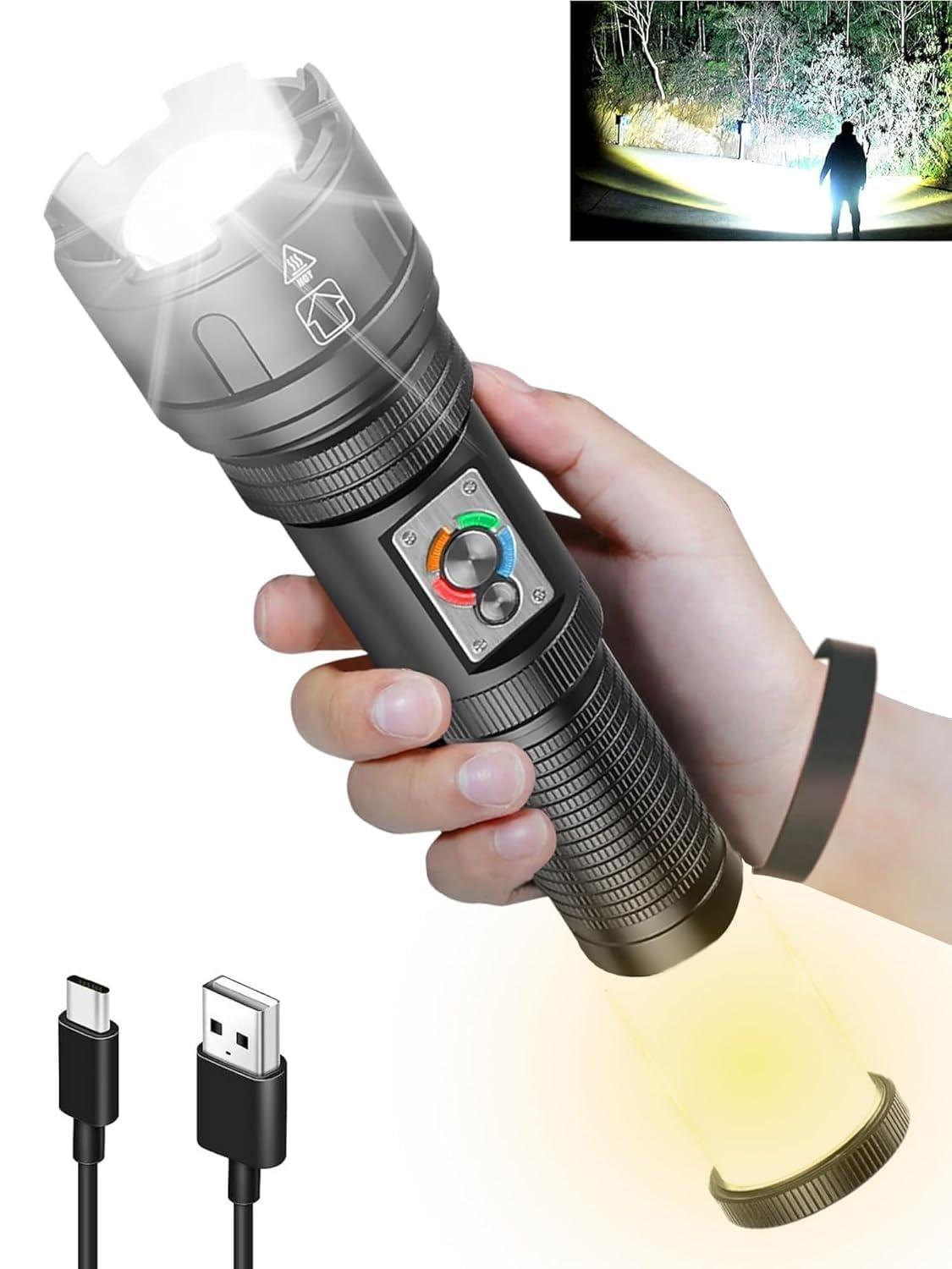 OLDA Rechargeable LED Flashlight, 20,000 Lumens Extremely Bright LED Torch with Camping Light, 10 Modes Zoomable, IP65 Waterproof Battery Operated for Outdoor, Camping, Hiking (18 x 5.5 x 5cm)-image-11