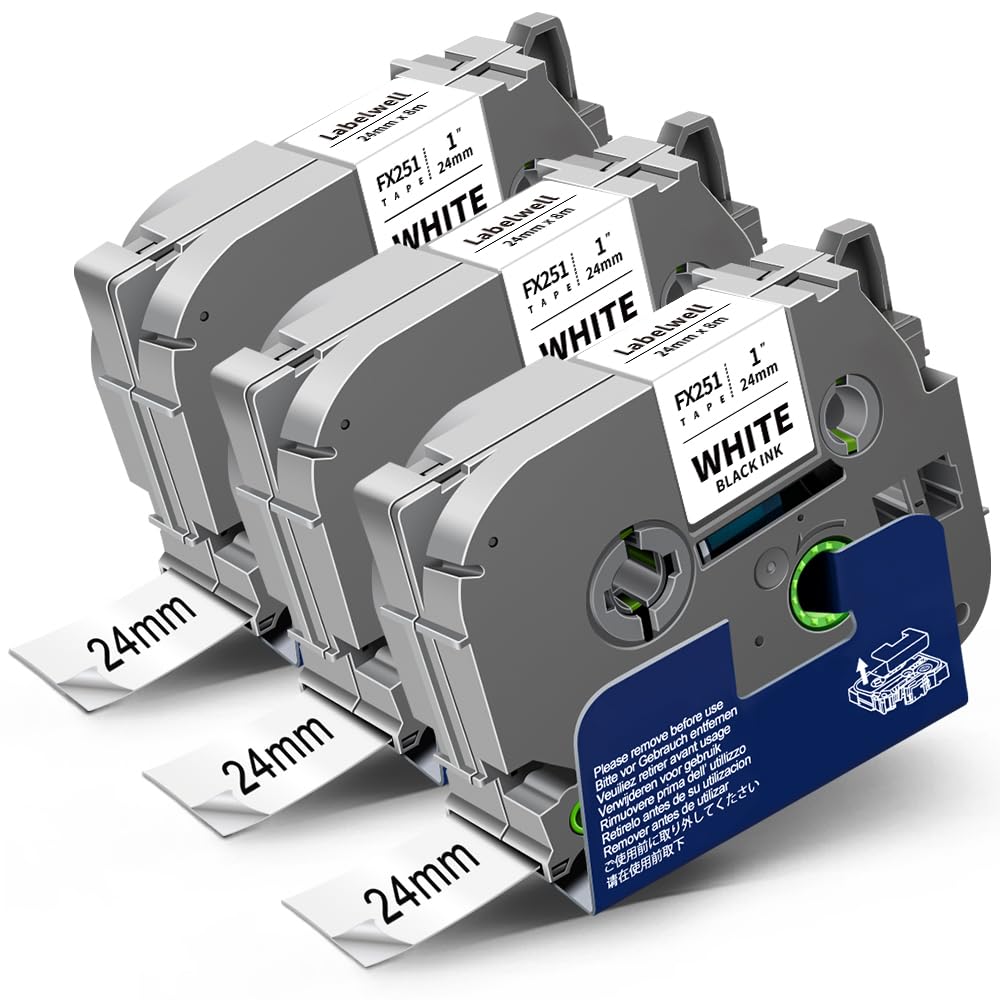 Labelwell 3x Compatible Flexible Label Tape for Brother TZe-FX251 TZeFX251 TZ-FX251 24 mm Black on White Ribbons for Brother PT-P710BT PT-P700 PT-E500VP PT-P750W PT-D600VP PTH500 PT-P900 PTP900W — image 1