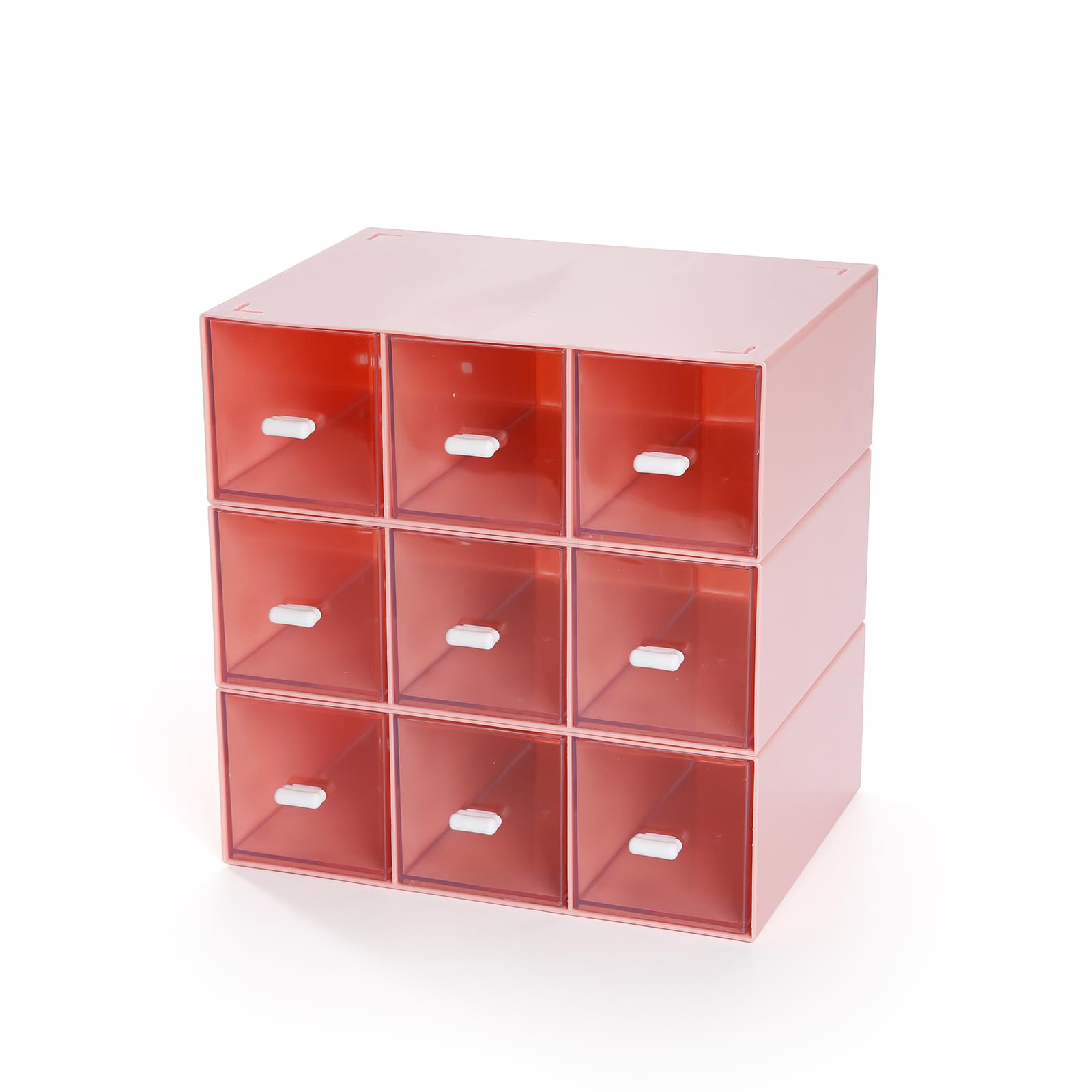 OSteed Desktop Drawers, Desk Organizer with 9 Drawers, Stackable Plastic Storage Box for Home Collection, Cosmetics, Office Supplies (3 Tall Layers, Pink)