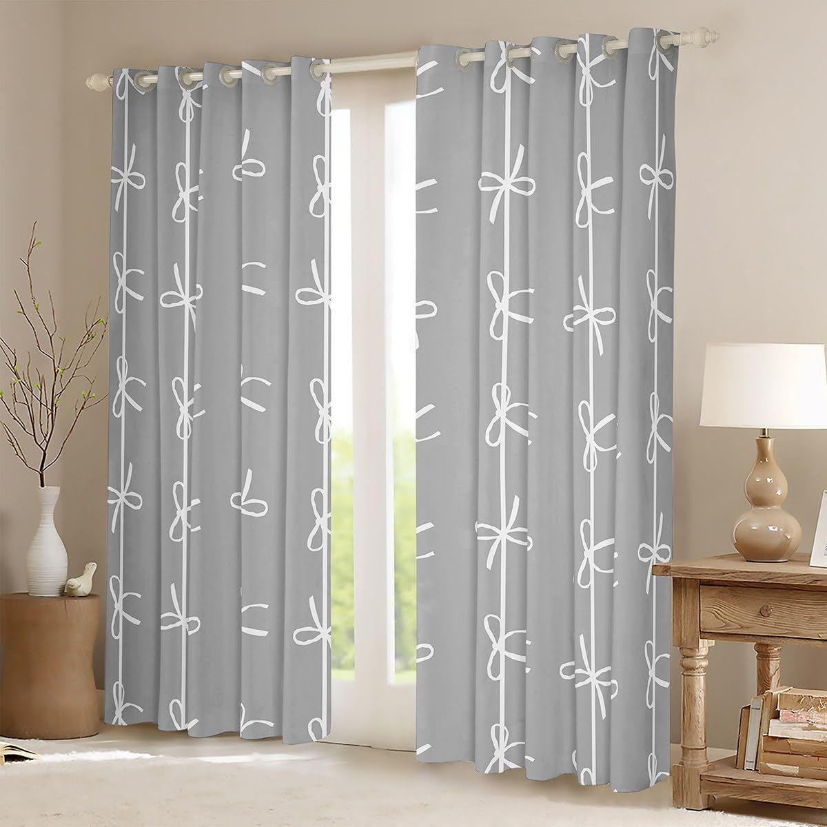 Homewish Zasłony okienne z kokardkami 168 x 183 cm, 2 zestawy paneli – szare kokardki w paski zasłony zaciemniające | wiejska kokardka wstążka wstążka ozdoby okienne zasłony kreskówka kokarda węzeł do