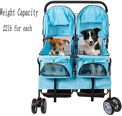 KARMAS PRODUCT Double Pet Stroller, Foldable Double Dog Stroller for 2 Dogs Cats with 4 Wheels, Twin Walk Jogger Travel Pet Carriage Cart with Storage, Blue