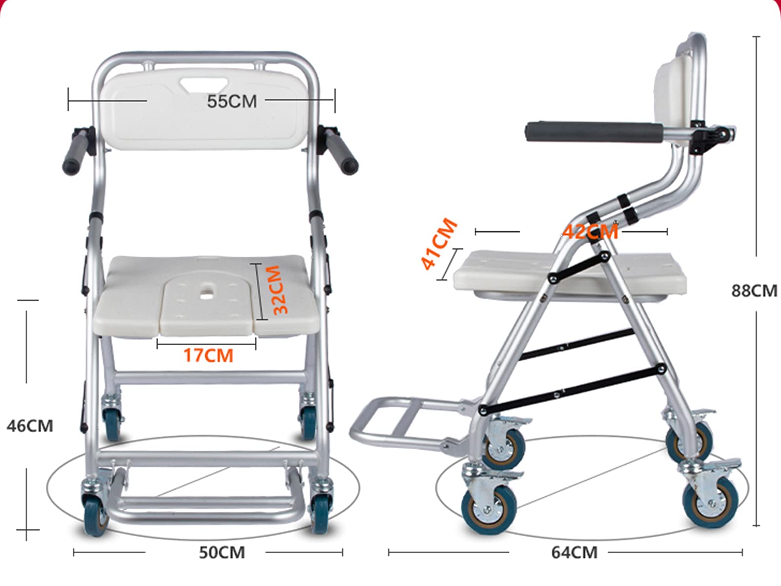 Taburete Ducha Plegable para Mayores, Silla Ducha WC con Ruedas y Pedal Plegable, Silla de Ducha con Inodoro, Carga Máxima 120 Kg, Reducir la Actividad para Evitar Lesiones