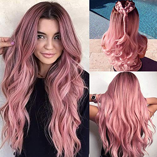 OUFEI Long Wavy Ombre Pink Wig for Women Natural Synthetic Hair Heat Resistant Ombre Wigs with Dark Roots for Daily Party Cosplay Wear
