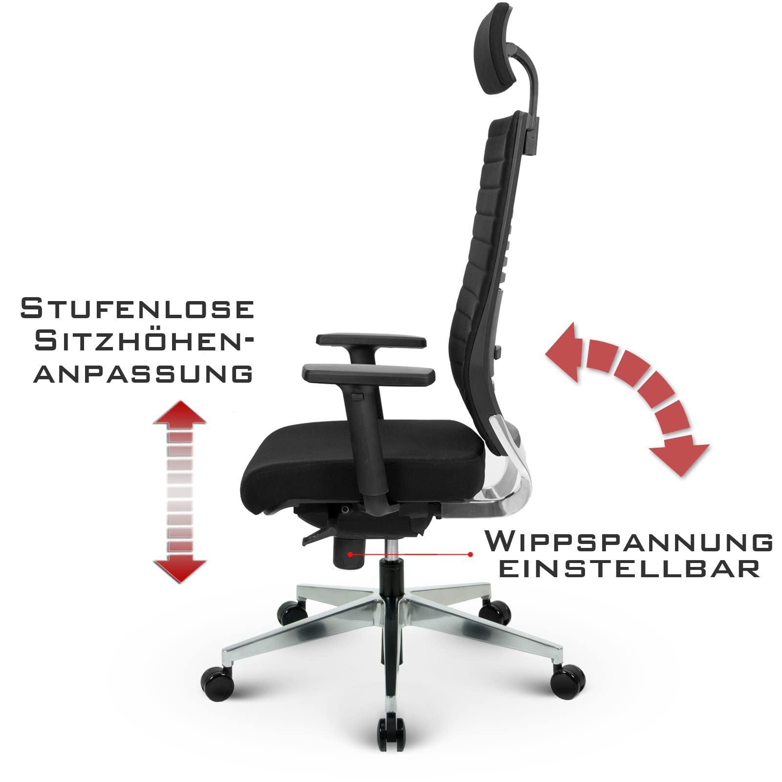 VERSEE Ergonomischer Bürostuhl Chefsessel V1301 aus Stoff in Schwarz mit Verstellbarer Kopfstütze - Für Büro und Home-Office - 150 kg belastbar