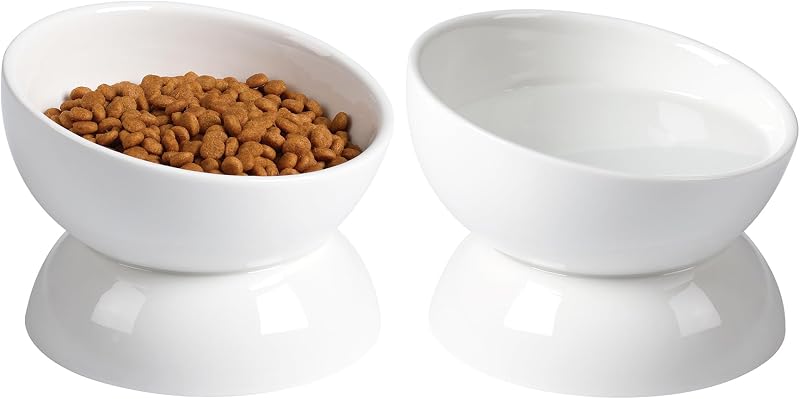 Pote elevado de cerâmica para gatos ABRUTY, inclinado a 15° com capacidade de 473 mL para alimento e 355 mL para água, J1028