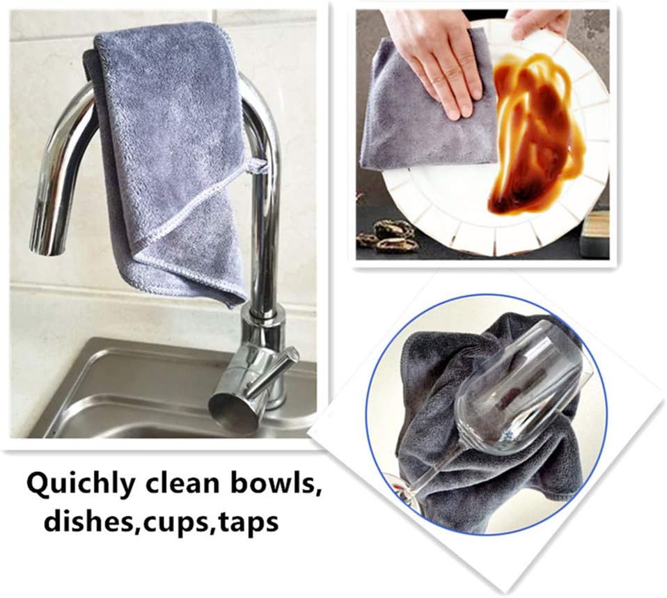 Qisuma 4 Pack Thickening Microfiber Cleaning Cloth, All-Purpose Cleaning Towels, Reusable Rag, Dish Cloths for Kitchen, Windows, Cars, House Furniture, Glasses Microfiber Towels,(Gray)