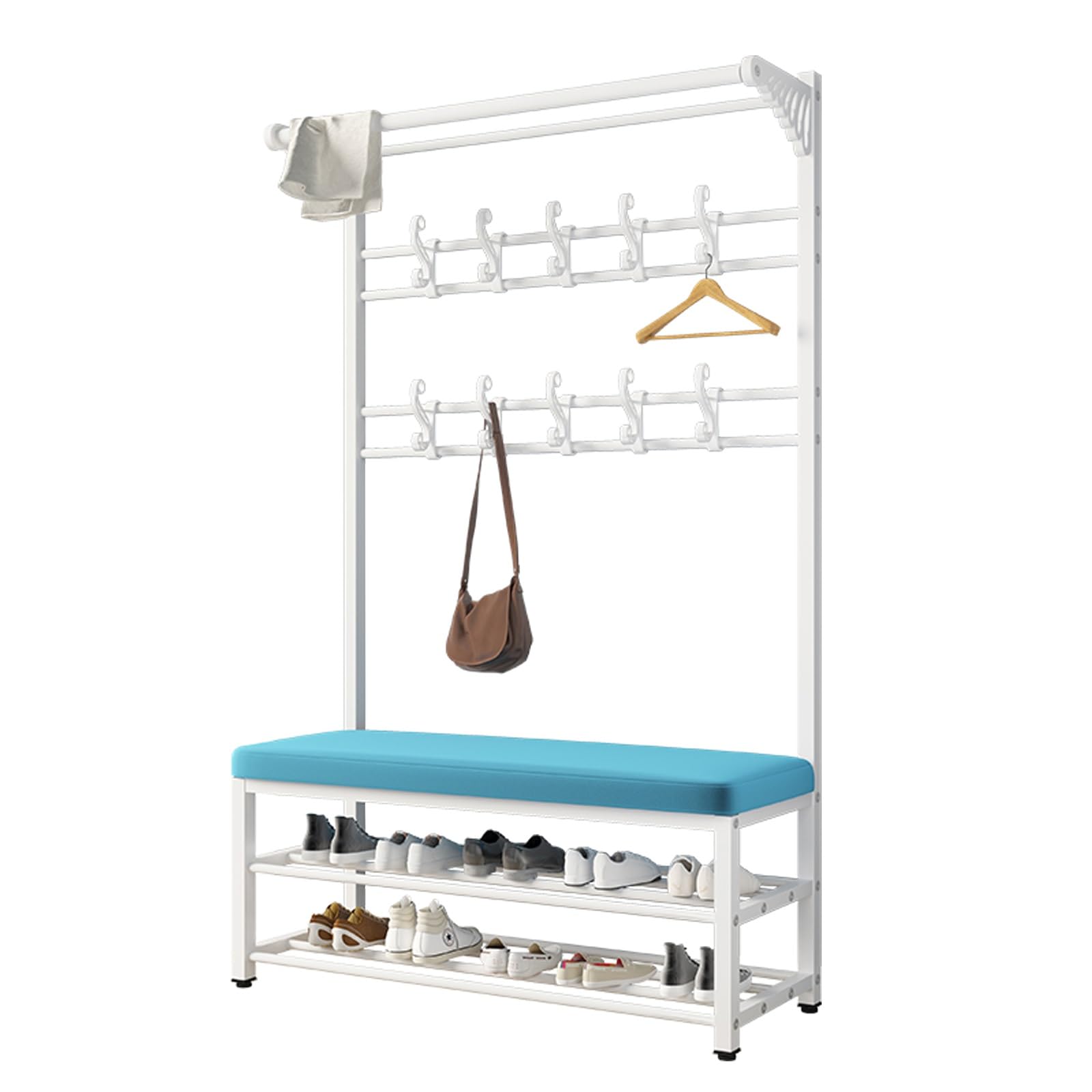 FCXWEVR Freestanding Metal Coat Rack with Shoe Bench, 2-Tier Sto Shelf, Easy Assembly, White nizer for Bedroom, Hallway, Office (80cm)
