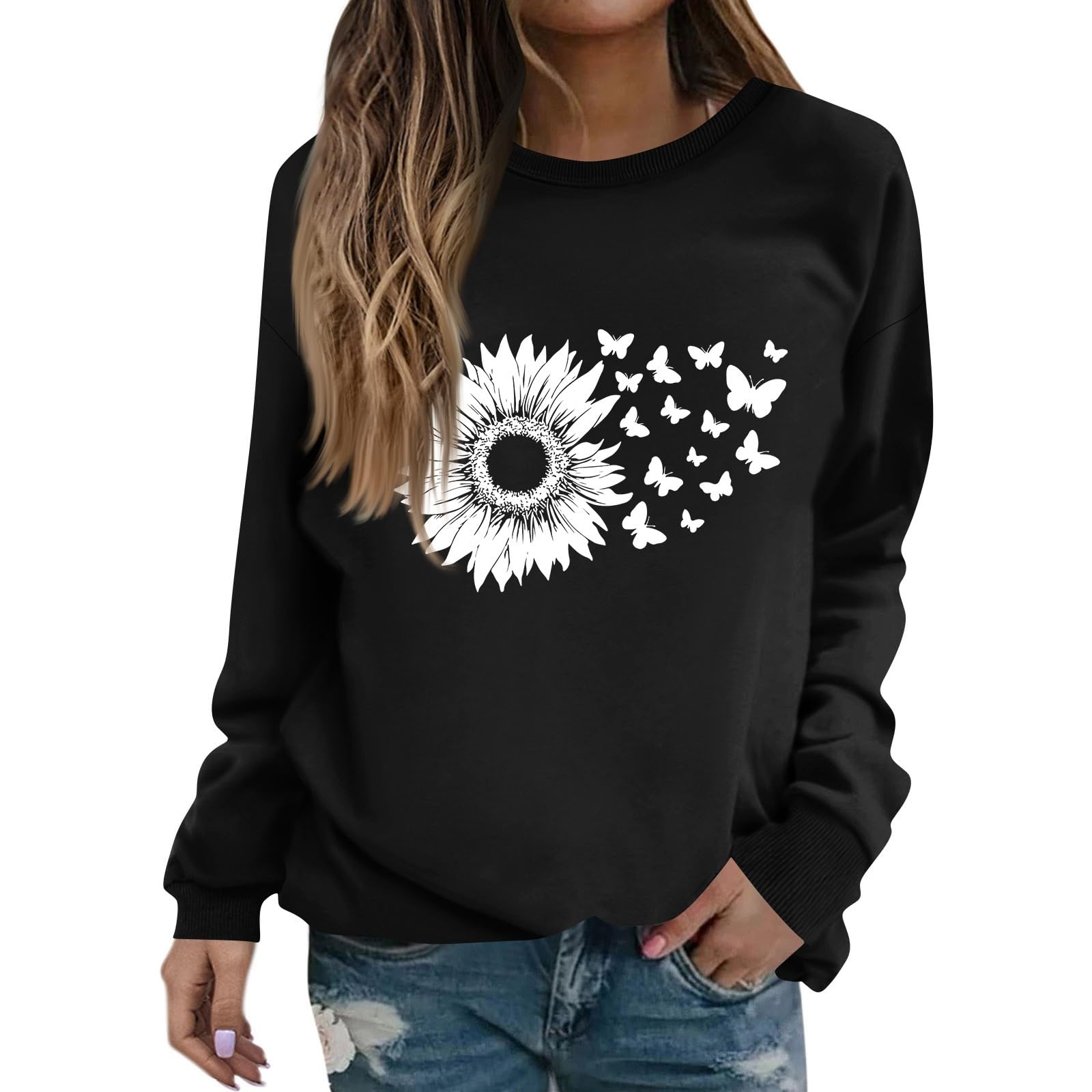 Womens Sweatshirt Crewneck Floral Print Long Sleeve Sweatshirts Casual Loose Fit Pullover Shirts S-3XL