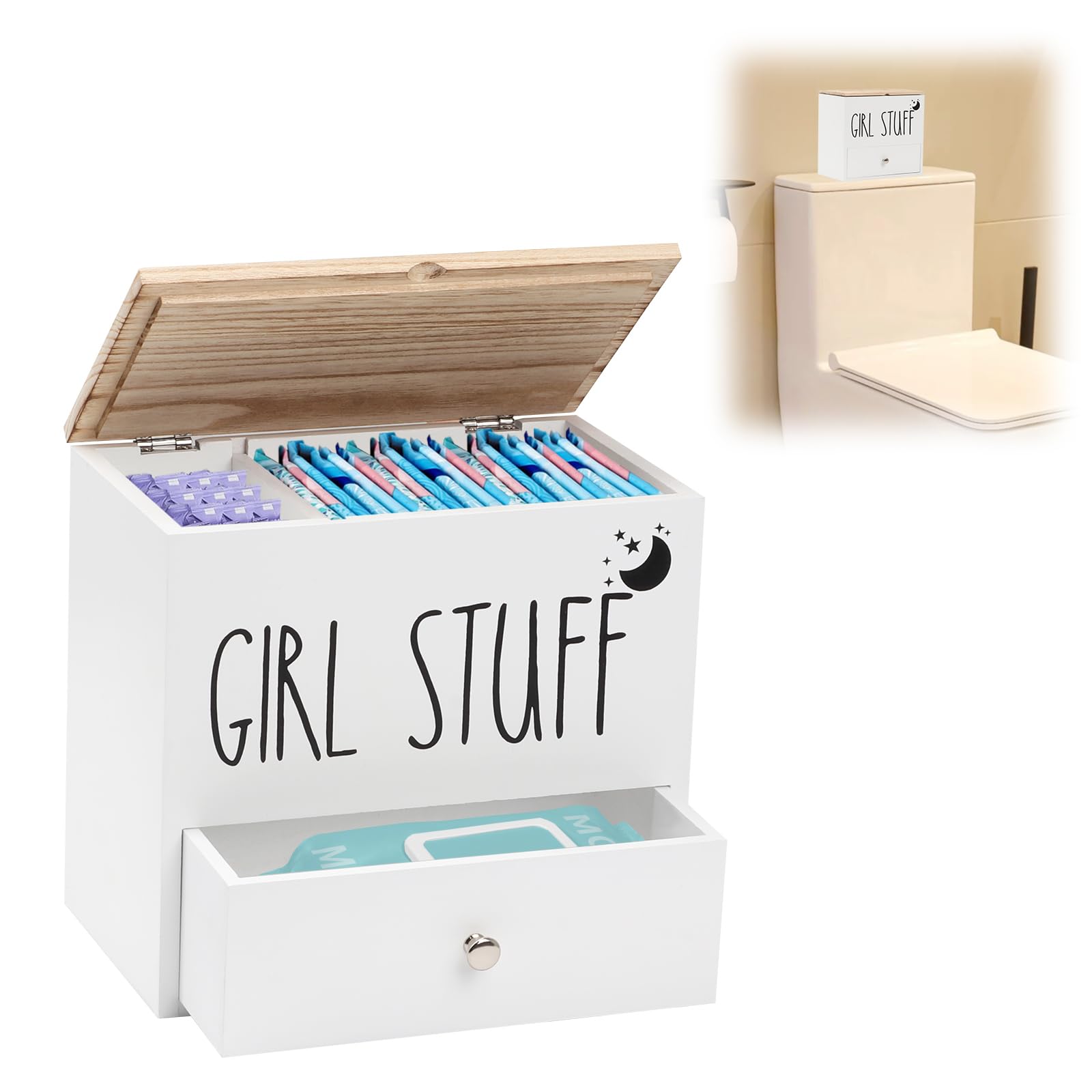 mumisuto Porta tamponi per bagno, Scatola Porta Assorbenti, Contenitore per tamponi per bagno, Organizer Rustico In Legno Per Prodotti Femminili con Cassetto e Coperchio, Organizer Femminile (Bianco)
