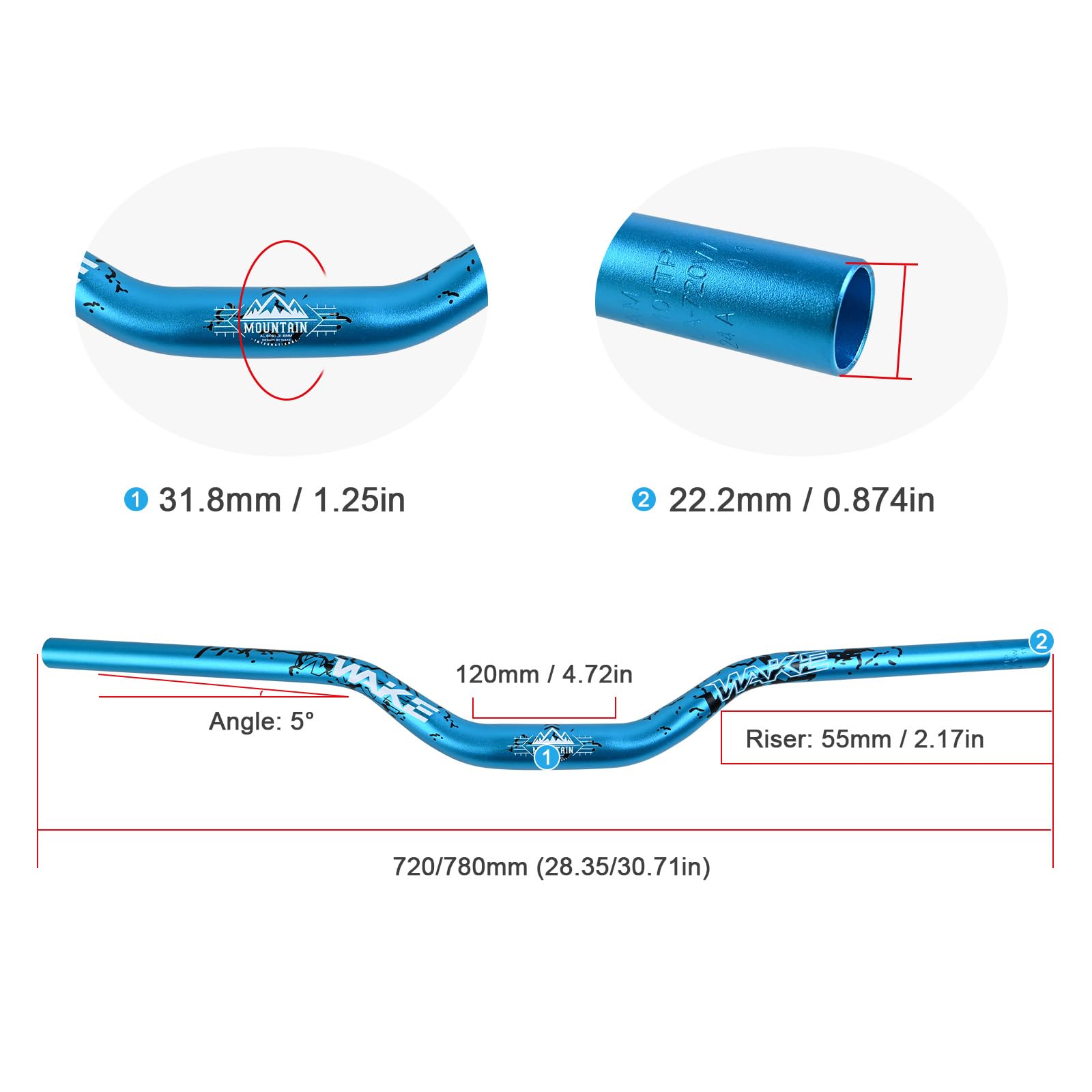 WAKE Guidon de Vélo 31,8mm*780mm Extra Long et Large Guidon Cintre VTT Alliage d'aluminium 55mm Riser Guidon de Vélo pour de Route (Bleu)