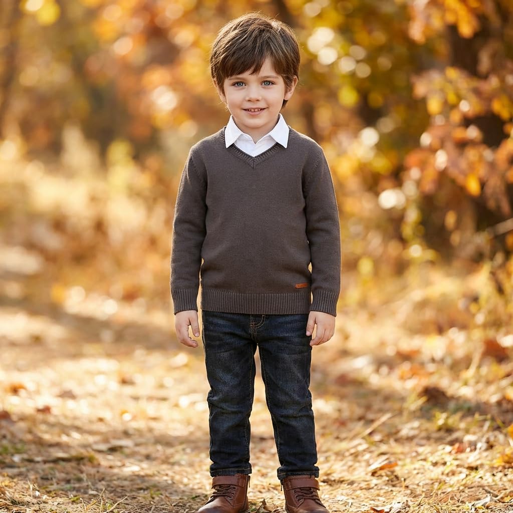 CUNYI Boys Long Sleeve V-Neck Cotton Pullover Knit Sweater