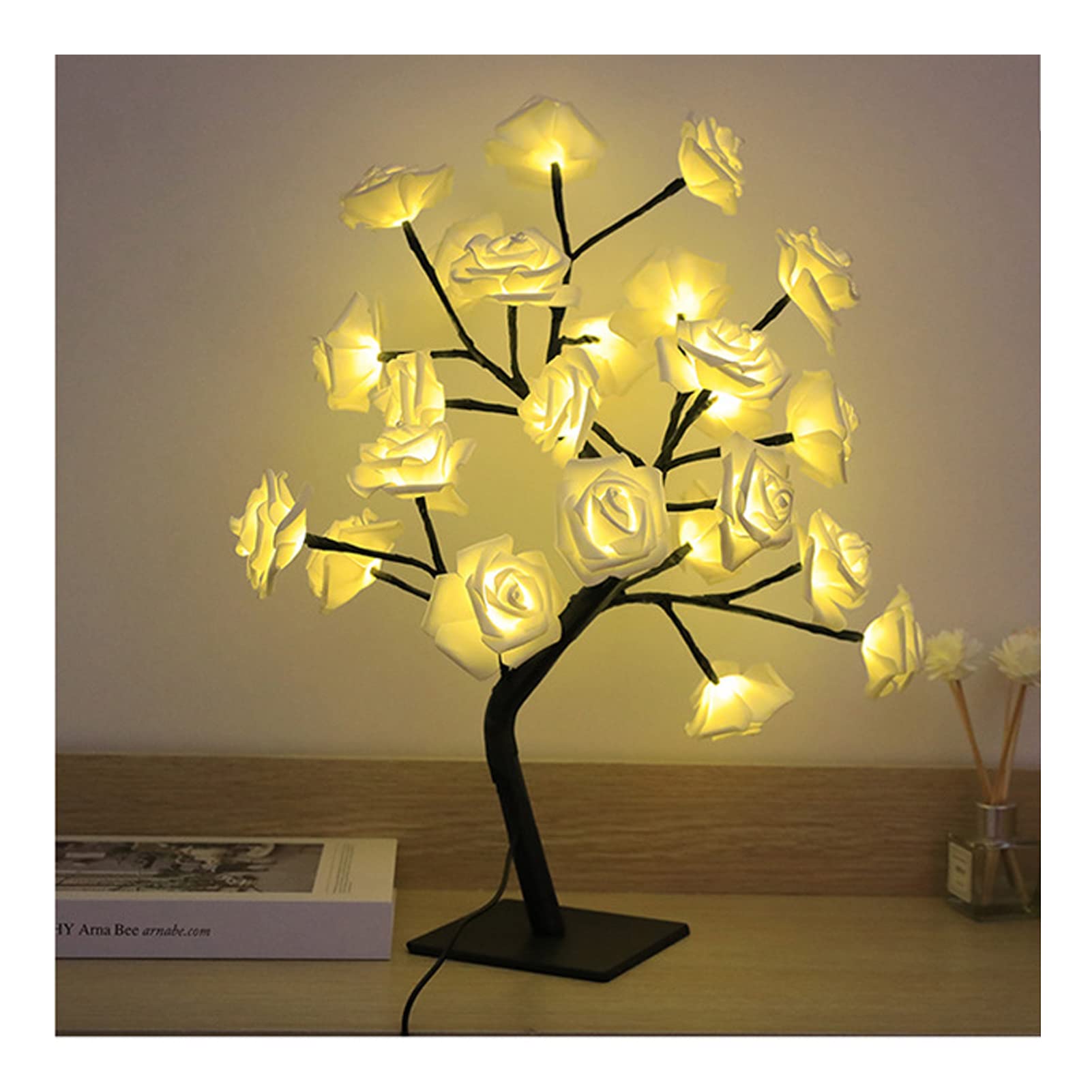 HELEVIA LED Tabletop Bonsai Tree Lamp USB Tree Lamp Christmas Bedroom Decoration Table Night Light, for Christmas New Year Party Ornament (White 24 Lights Rose)