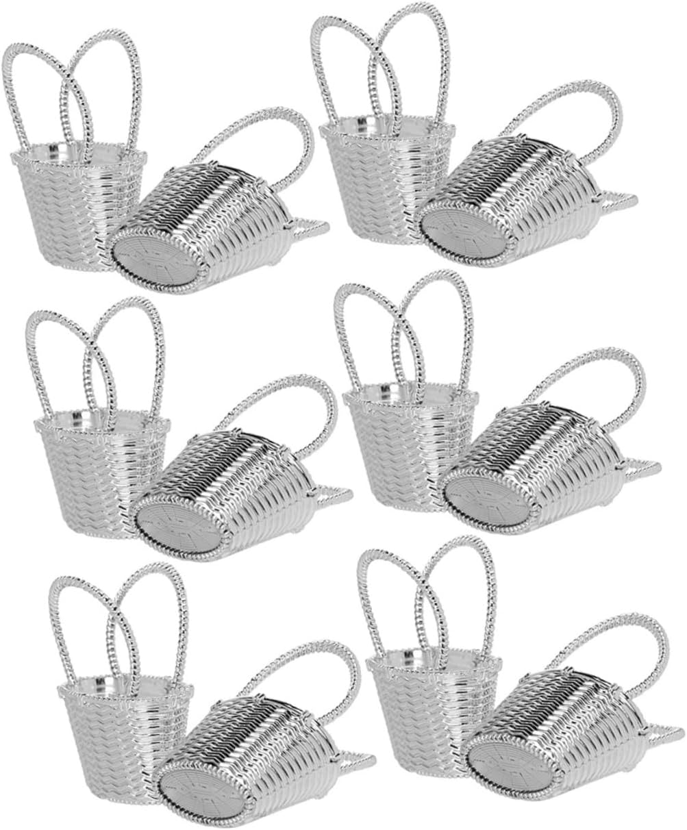12pcs Small Plastic Candy Baskets with Handheld Portable Design | Silver Party Favors for Flowers and Decorations, Living Room or Bedroom Display, Wedding Decor Use