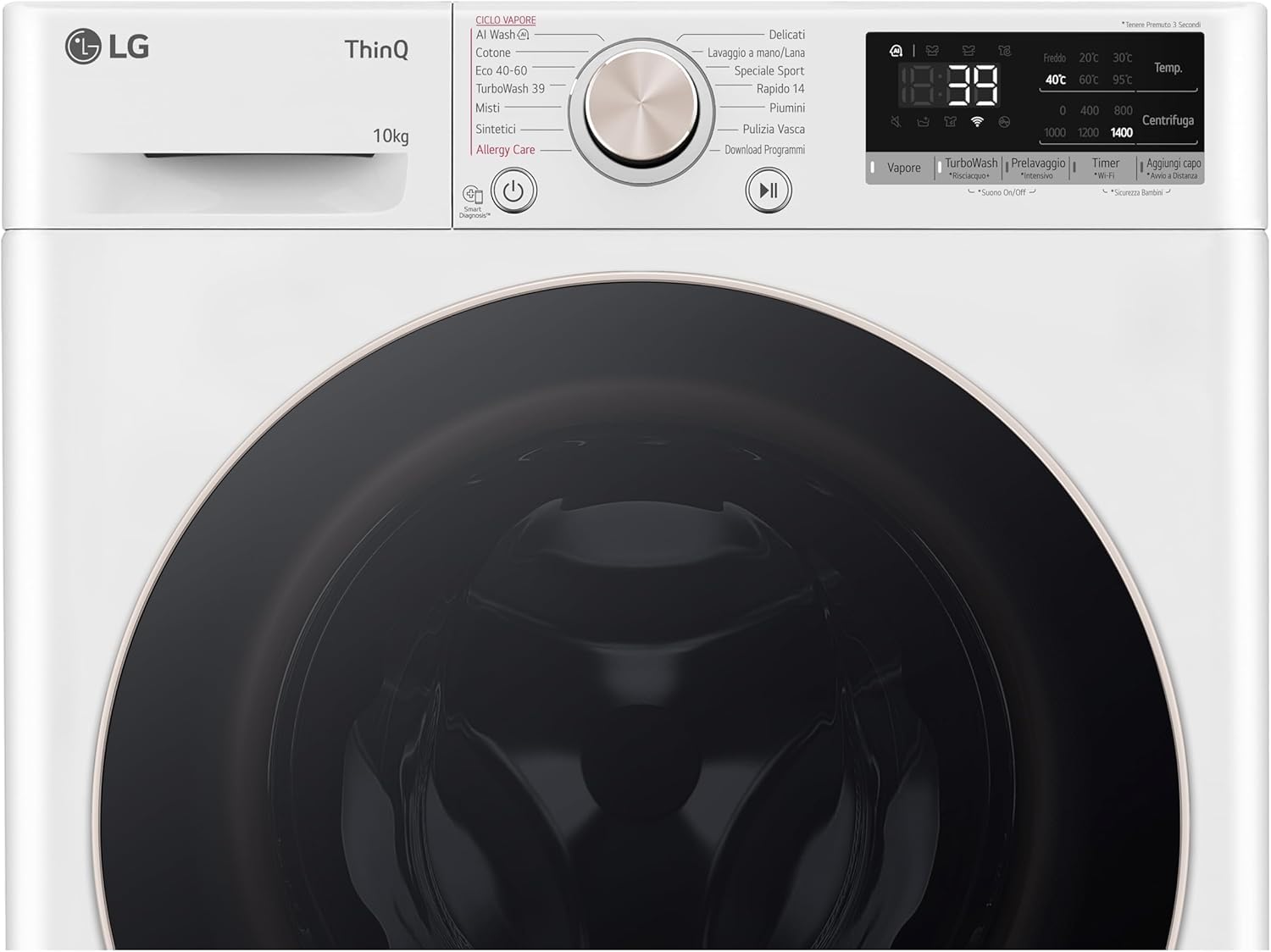 LG AI DD F4R7010TSWG Lavatrice 10 kg Classe A -10%, 1400 Giri, Carica Frontale con Oblò in Vetro Temperato, Funzione TurboWash 360, Vapore su 7 Programmi, Wi-Fi, Libera installazione, Serie R7, Bianca