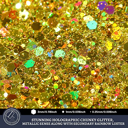 LEOBRO Holographic Chunky Glitter Gold 160G/5.64OZ, Craft Glitter for Resin Festival Cosmetic Flakes Sequins for Body Face, Crafts - Image 3