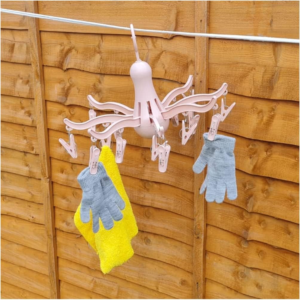 Hv Home Vale Pink Octopus Drying Hanger 8-Claws With 16 Clothes Pegs, Easy To Fold And Store Laundry Airer, Indoor & Outdoor Clothes Dryer, Compact Space Saving Design (Pink)