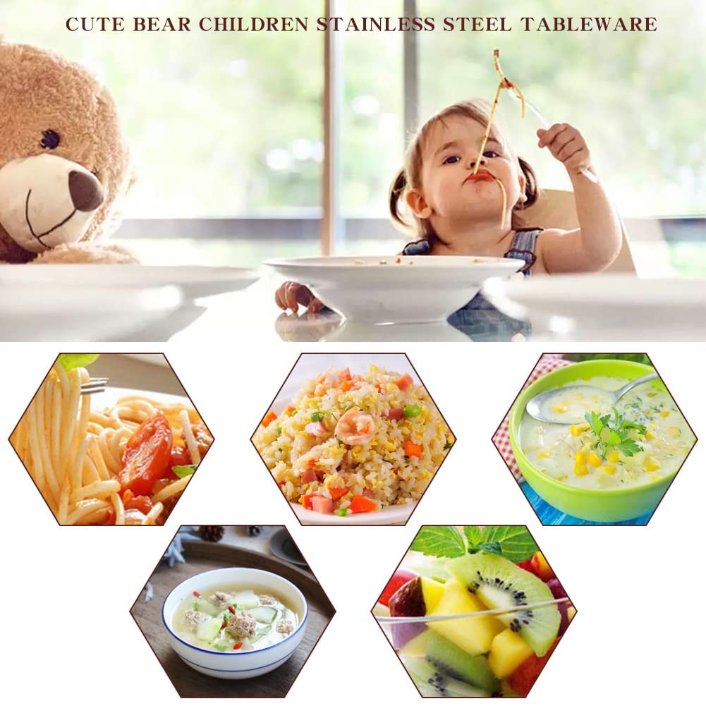 Set 6 Posate Per Bambini In Acciaio Inox 18/10 - Forchetta E Cucchiaio 16.5cm Con Design Orso - Foto 3