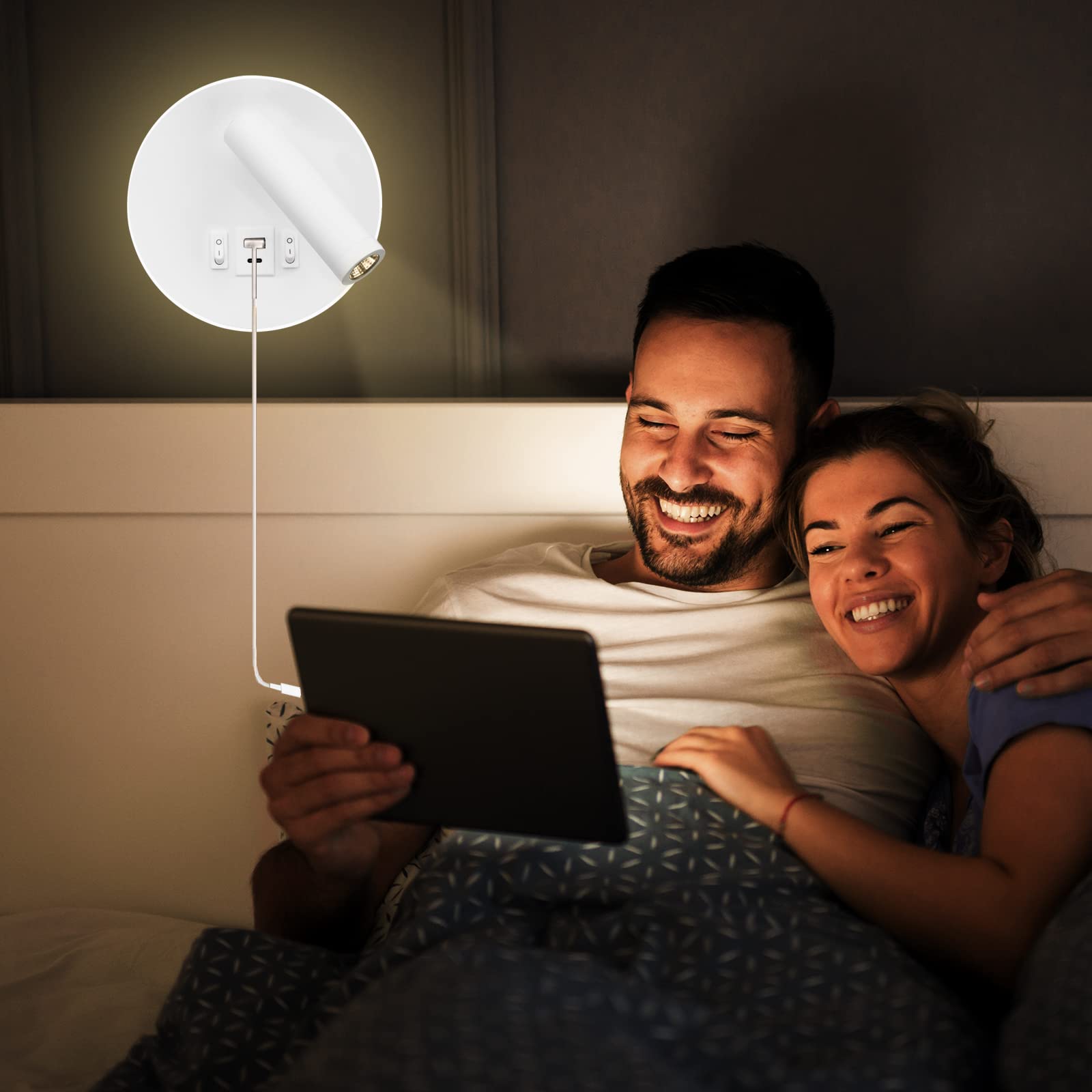 LED Lampada da Lettura USB Tipo-C Due Interruttore di Bocca di Carica Regolabile 12W LED Spotlight 3000K Lampada Da Parete In Alluminio Lampada Da Letto Rotabile (Tondo bianco)
