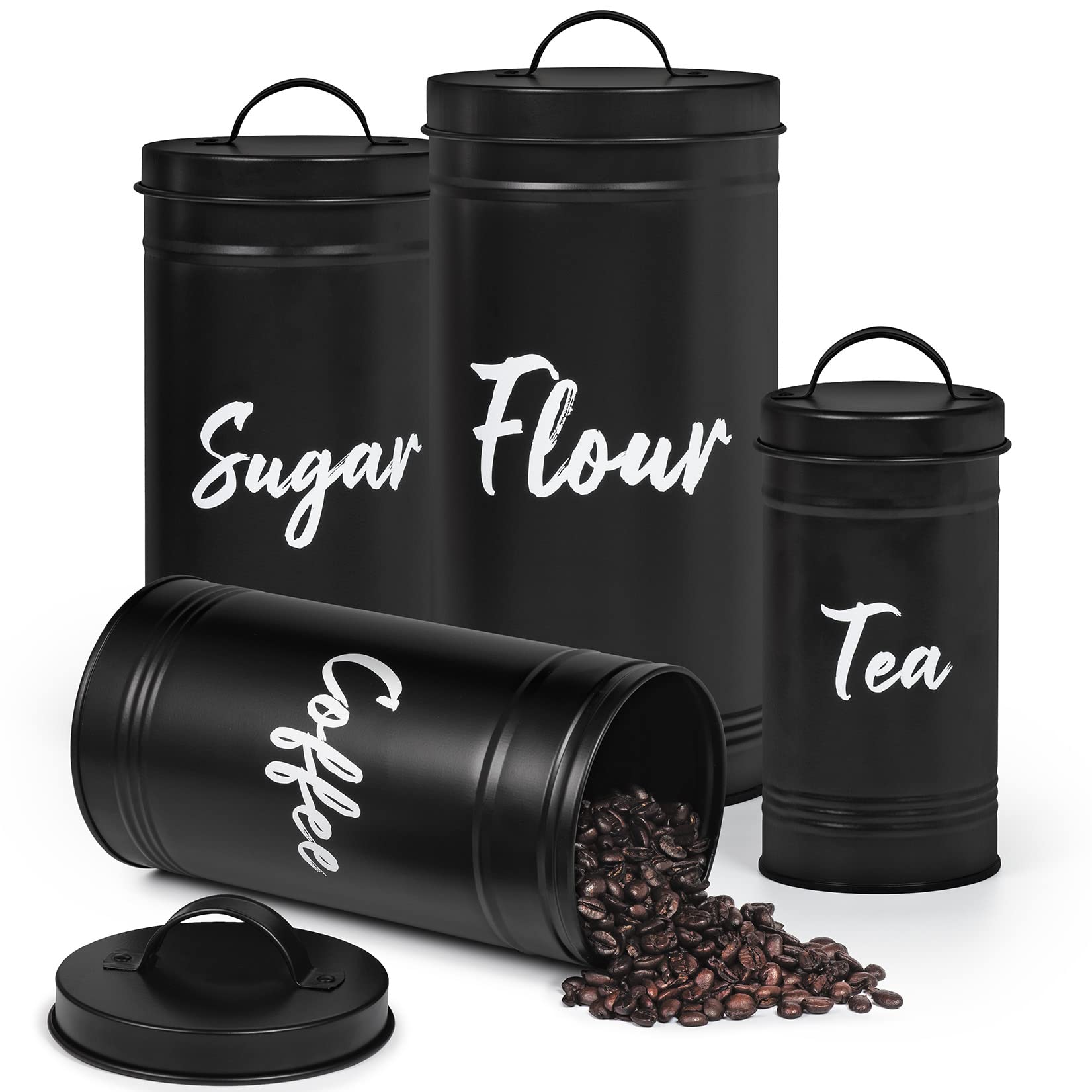 EHC Tea Coffee Sugar Set + Flour Airtight Food Storage Containers with Lid, Set of 4 Canisters For the Kitchen Pantry Organization, Black
