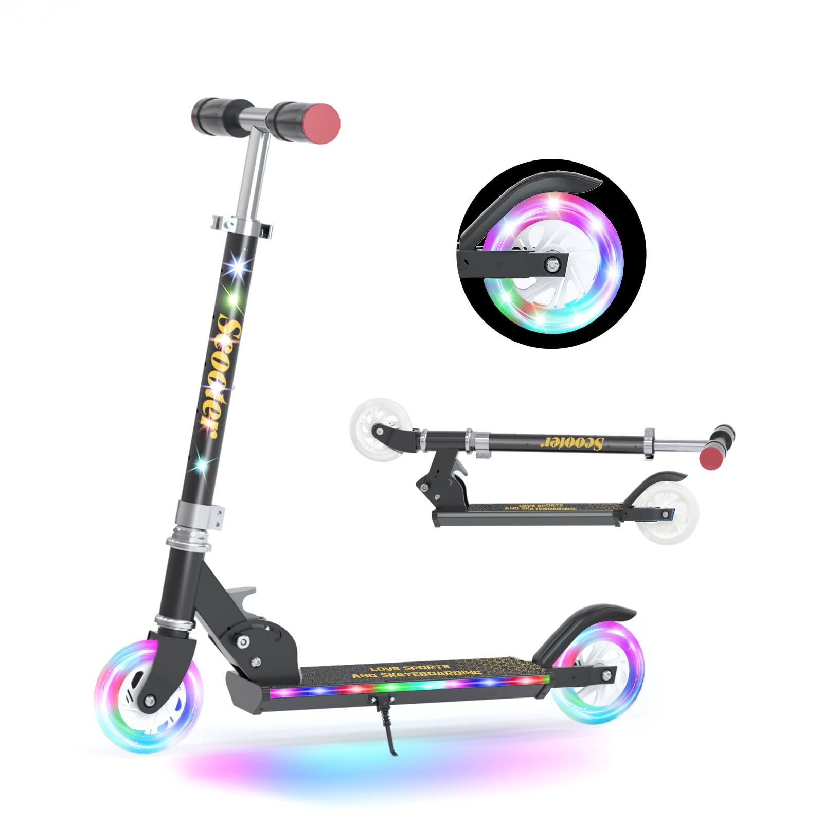 YEE RUN Monopattino Bambino, Con Luci LED Fresco, Pieghevole, Freno ruota posteriore, 3 Altezza Regolabile, Monopattino Bambini da 3-12 anni, 4 Pollici Grandi Ruote per - 50KG Max.