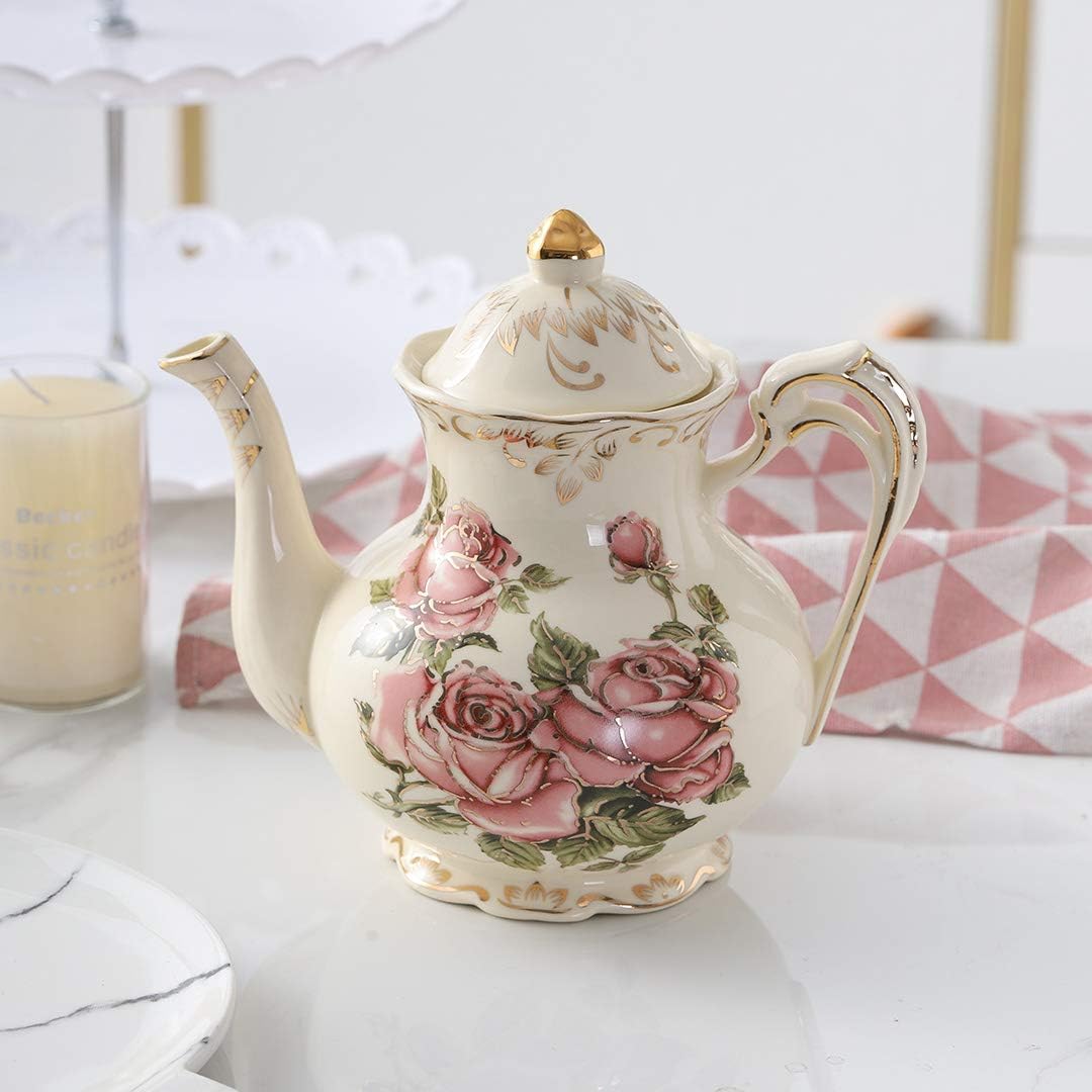YOLIFE Porcelain Tea Set Vintage Rose, Tea Cups with Teapot, Serving Tray and Teaspoon Service for 4, Suitable for Tea Party Gifts - Image 3