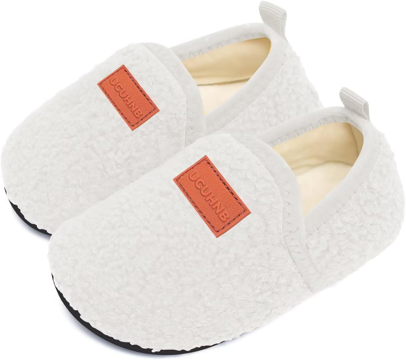 Kids Toddler Slippers Socks Artificial Woolen Cozy Trendy Slippers for Boys Girls Baby with Non-Slip Rubber Sole White 3.5-4.5infant