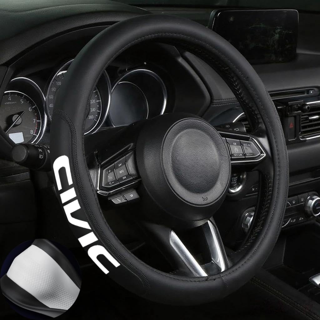 Leather Steering Wheel Cover with a Rubber Inner Ring fit for 14-15 Inch Breathable Lightweight Easy to Install Compatible with Civic(C2)
