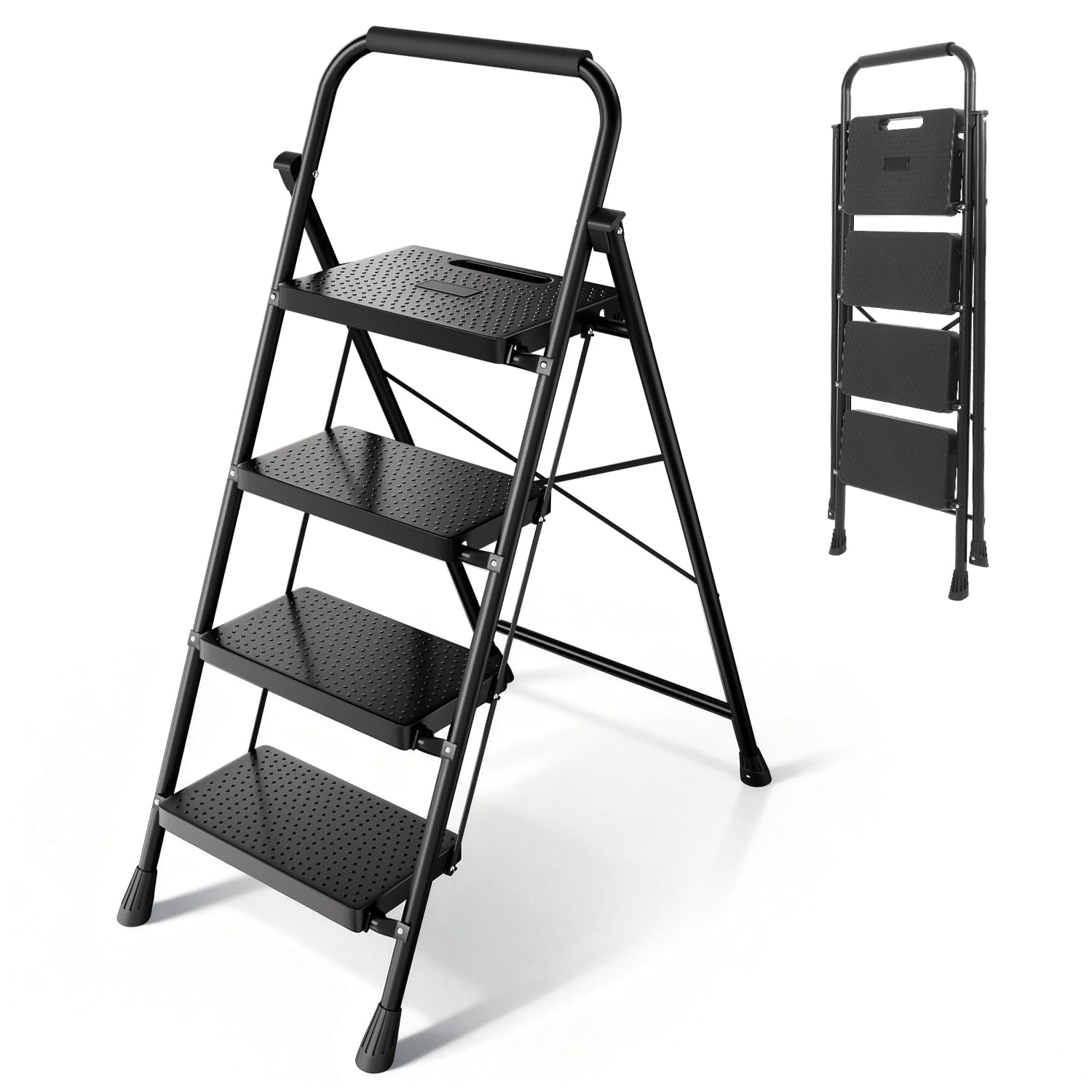 Sekey Escalera Doméstica 4 Peldaños Plegable, Marco de Acero Resistente, Peldaños Antideslizantes, para Casa y Hogar, TÜV y SGS, EN 131-2 y 14183, Carga Máxima 150 kg, Negro