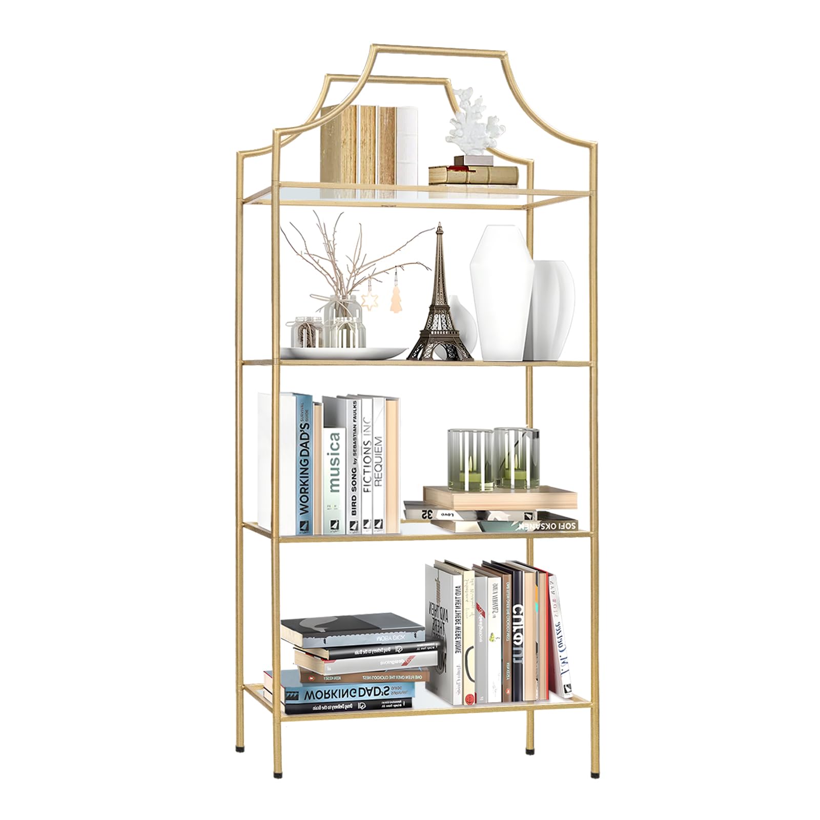 4 Tier Bookshelf, Metal Book Shelf for Storage, Tall Storage Display Bookcase, Modern Open Book Case for Bedroom, Living Room, Glass Office Organization Shelf, 54" X 26" X 13"