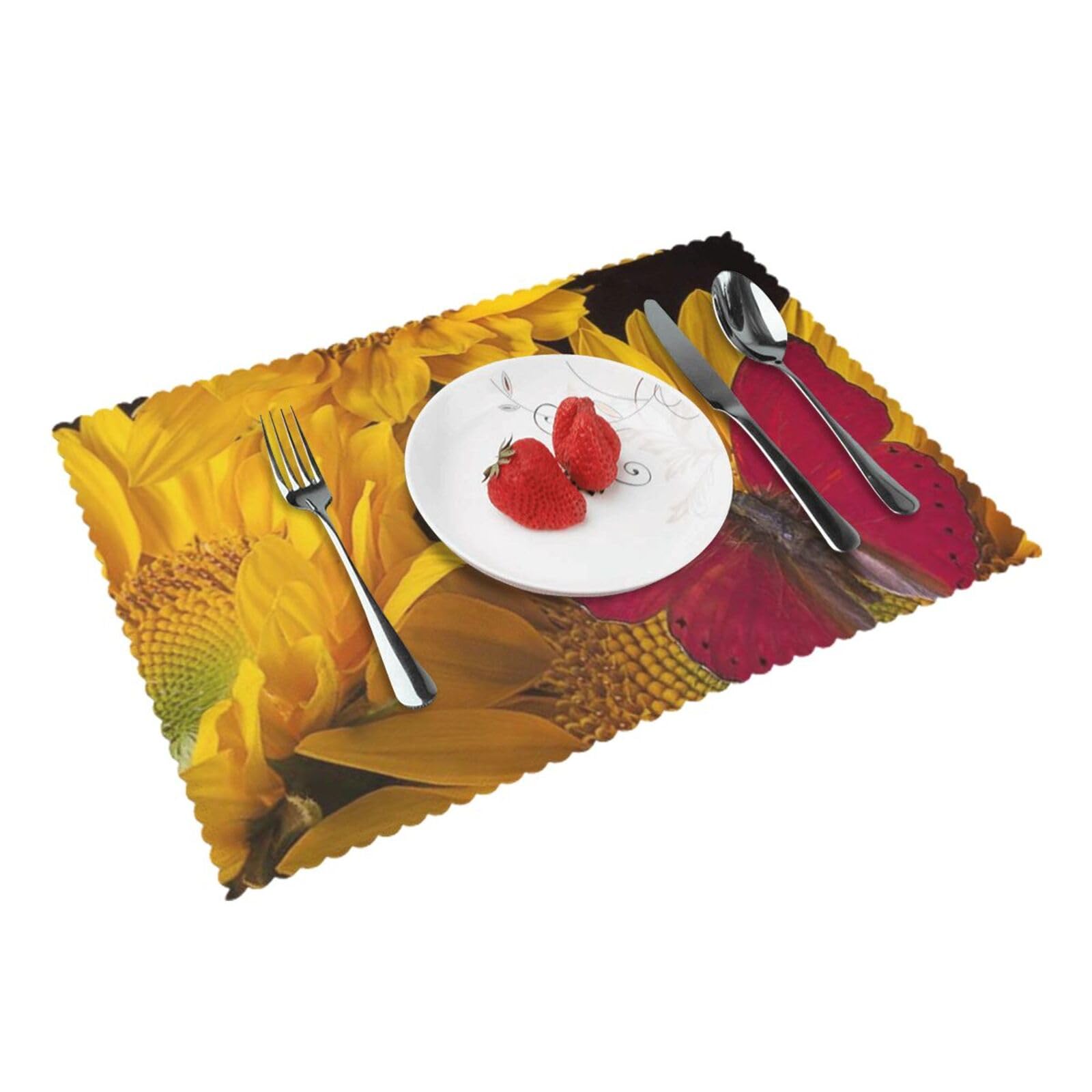 Bnvsadc Yellow Sunflowers With Red Butterfly 4 Pcs Heat Resistant Placemat 45X30 Cm, Printed Non-Slip Place Mats For Kitchen Dining Table Indoor Outdoor