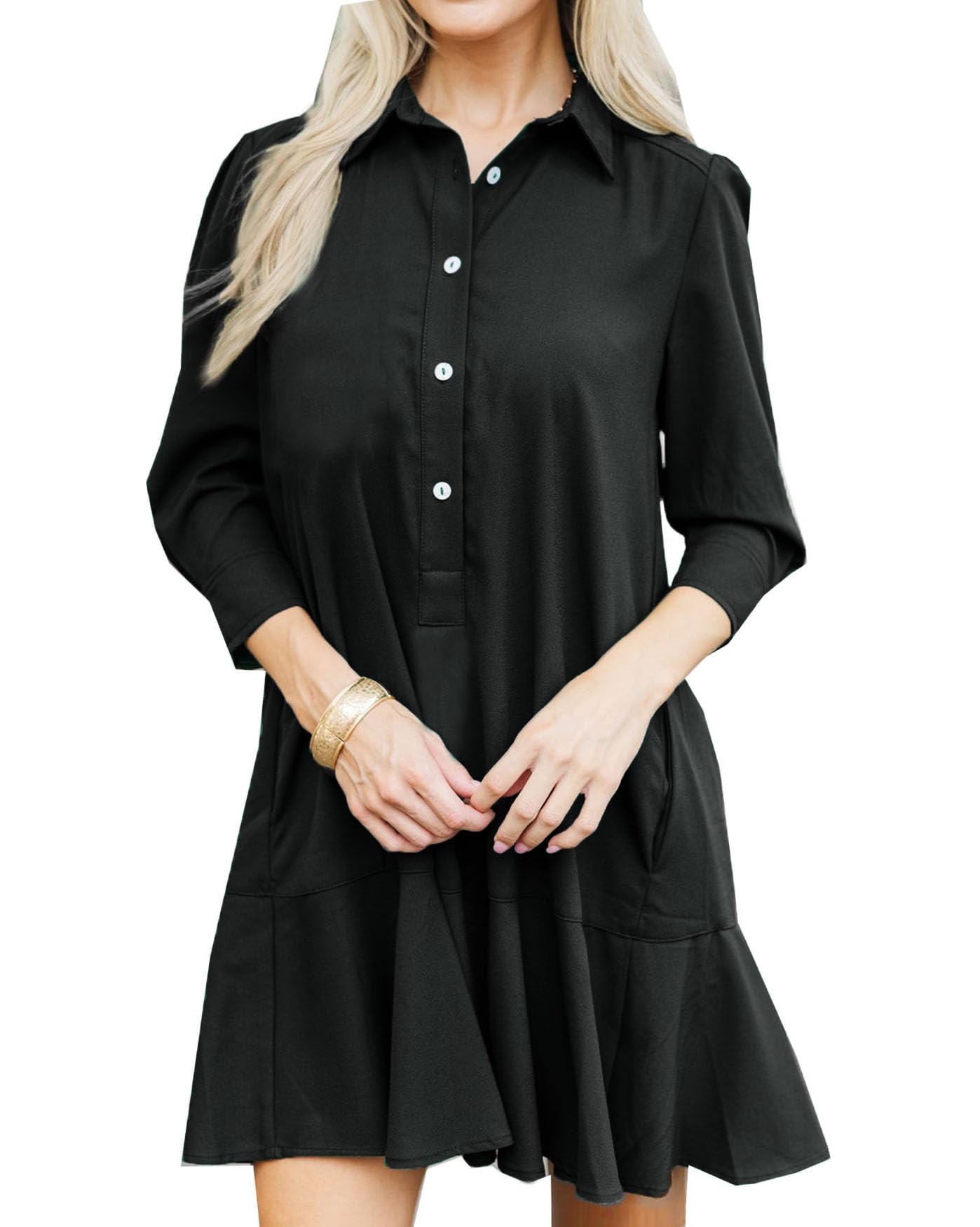 Kedera Women‘s Tunic Shirt Mini Dress Long Sleeves Short Dress Button Up Ruffle Hem Shift Dresses with Pockets