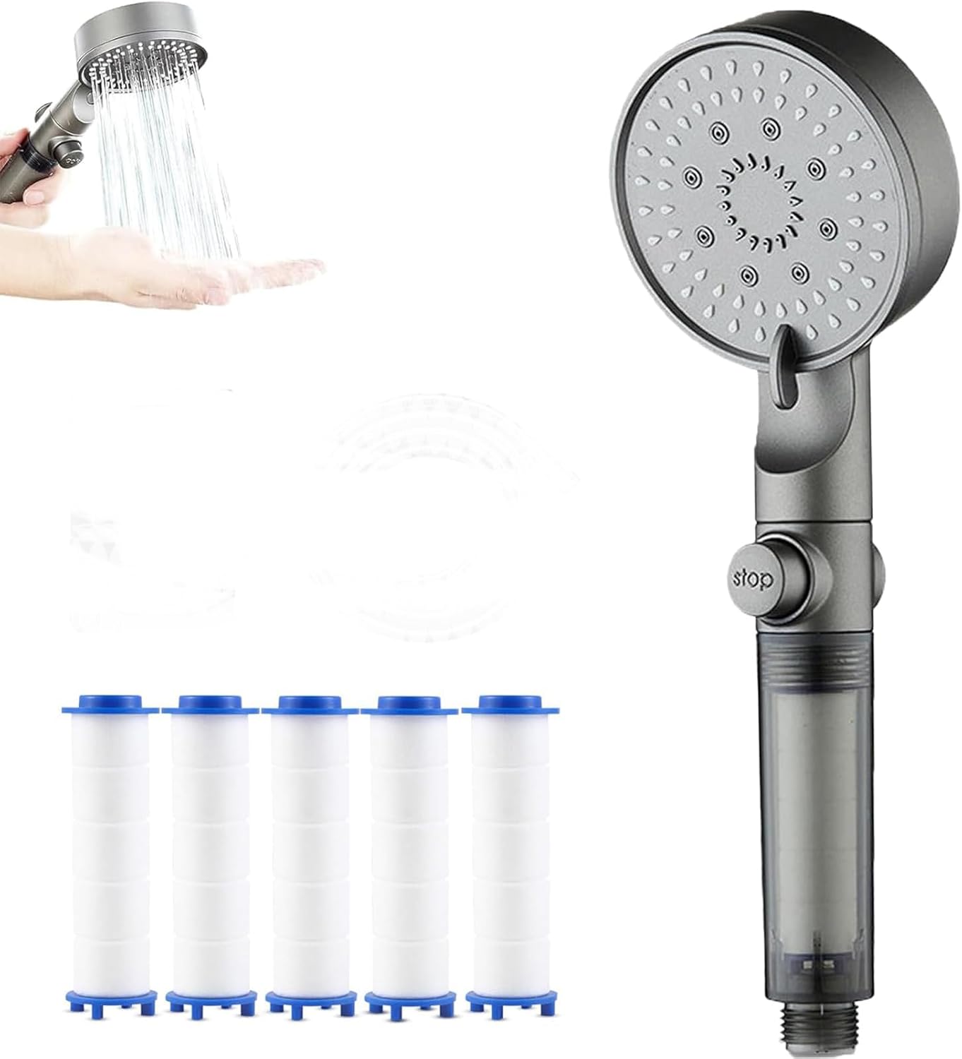 HydroBoosts High Pressure 5 - Mode Filtered Shower Head, Filtered Shower Head with Handheld, Built-in Power Wash for Hard Water, One-Touch Pause Button, Easy Install (B) - Amazon product rated Grade D