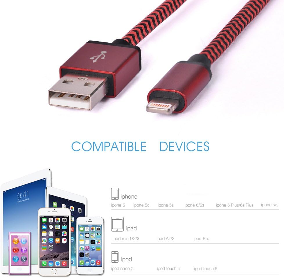 Cacoy Double Braided Nylon Lightning to USB Cable with Leather Strap, MFi Certified iPhone Charger for iPhone iPad, Red and Black, 10 Foot