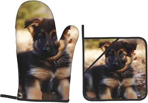 Miniatura 7 de Juego de guantes de horno y soportes para ollas con estampado de pastor alemán, resistentes al calor, antideslizantes, guantes de cocina, 4 piezas