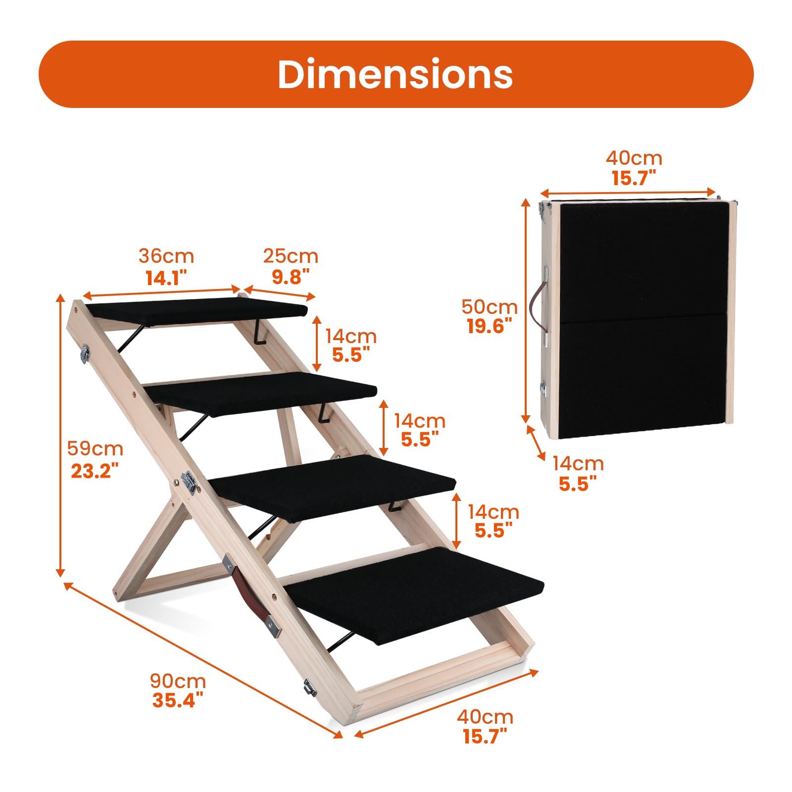 VIPFMPET Wooden Dog Stairs/Steps, Adjustable 4 Levels Pet Ramp for Small &Large Dogs, Portable Folding Dog/Cat Ramp for Bed, Couch, Sofa, Non-Slip Surface, Hold Up to 110 Pounds