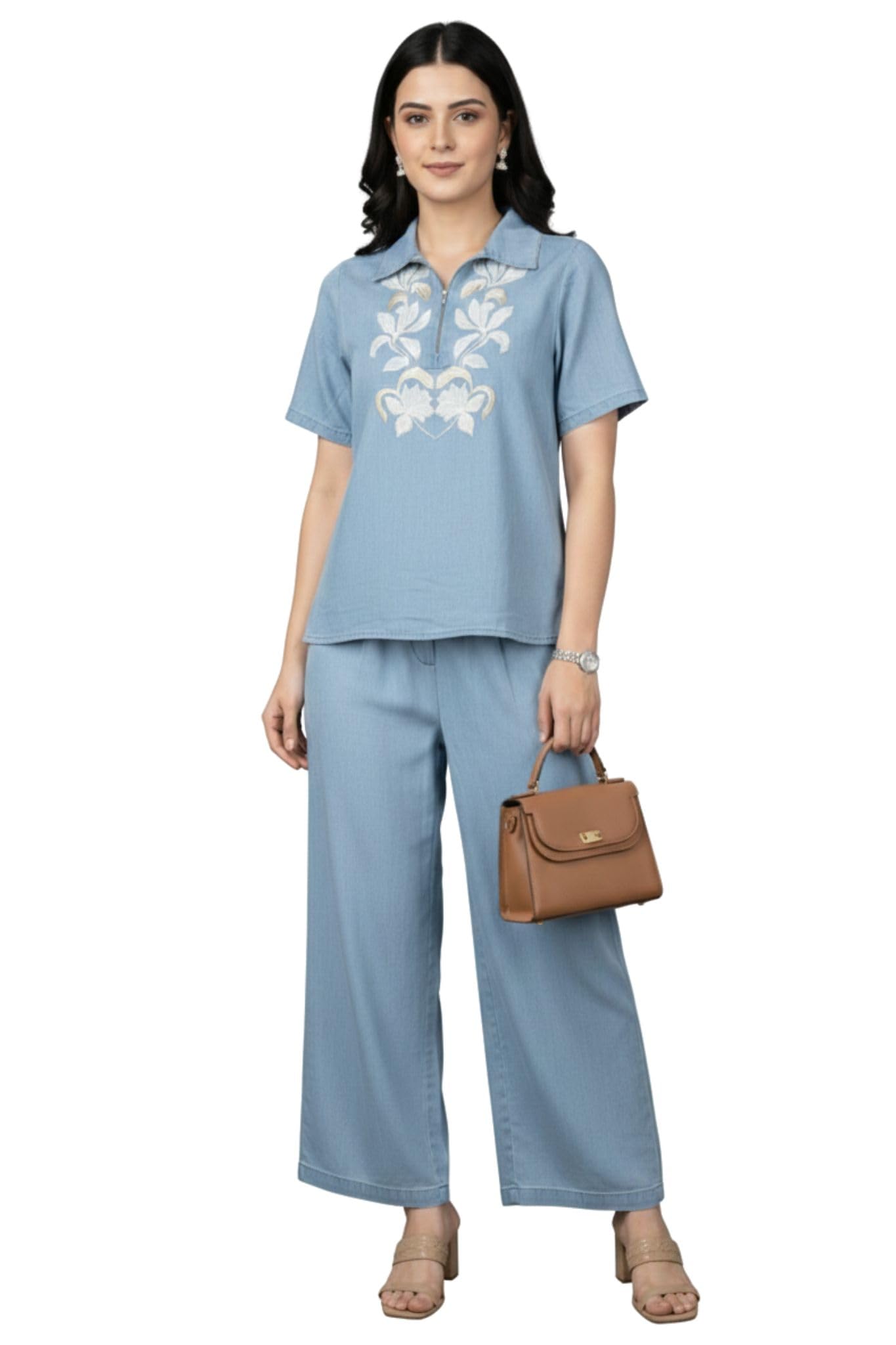 tamiska by narendra kumar Women’s Blue Lyocell Denim Co-Ord Set | Sustainable Embroidered Top with Wide-Leg Pants | Soft Casual Smart Outfit-picture-32