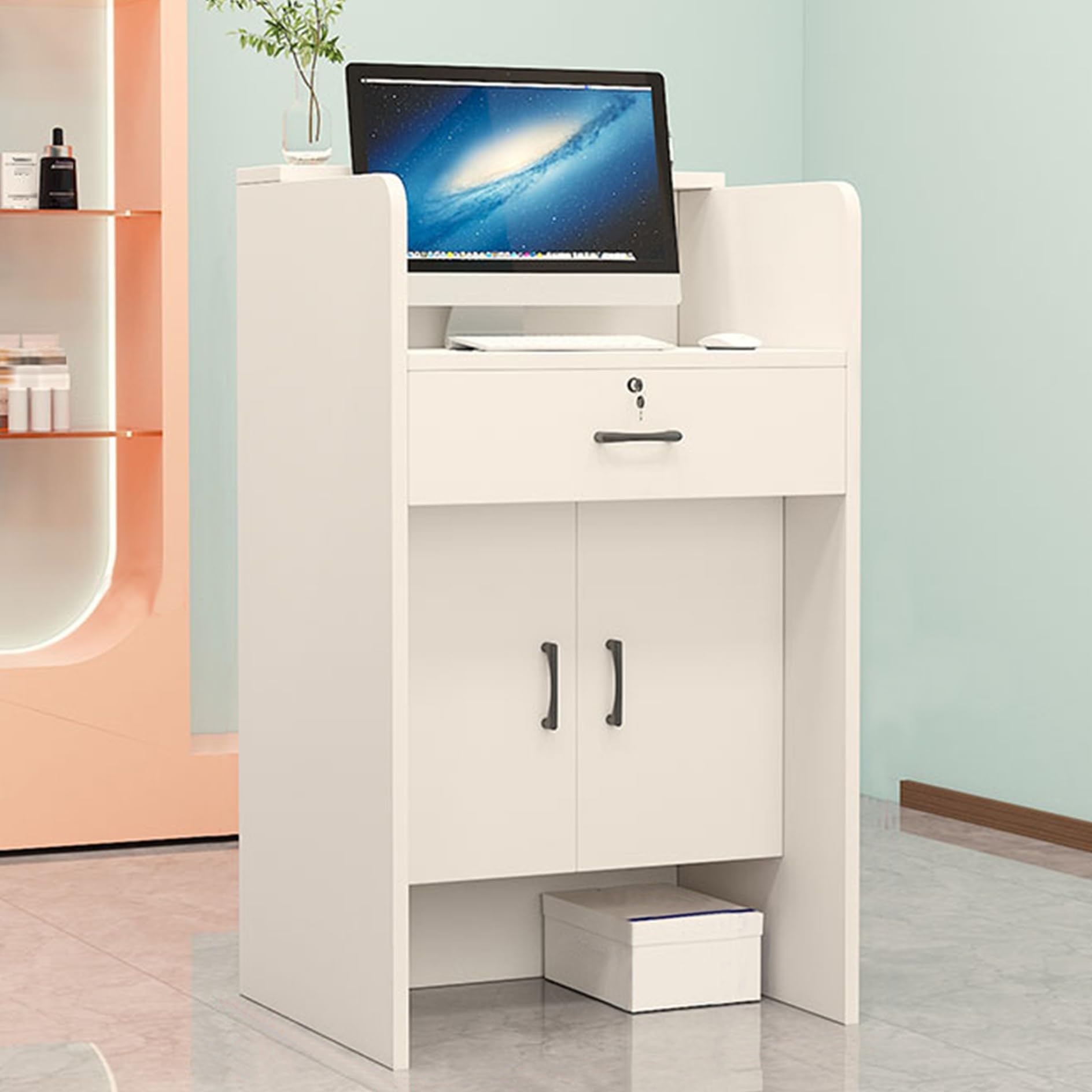 Banco Reception Moderno Con Luci LED - 80 Cm, Legno MDF, Per Negozi, Hotel, Uffici, Bianco - Foto 5